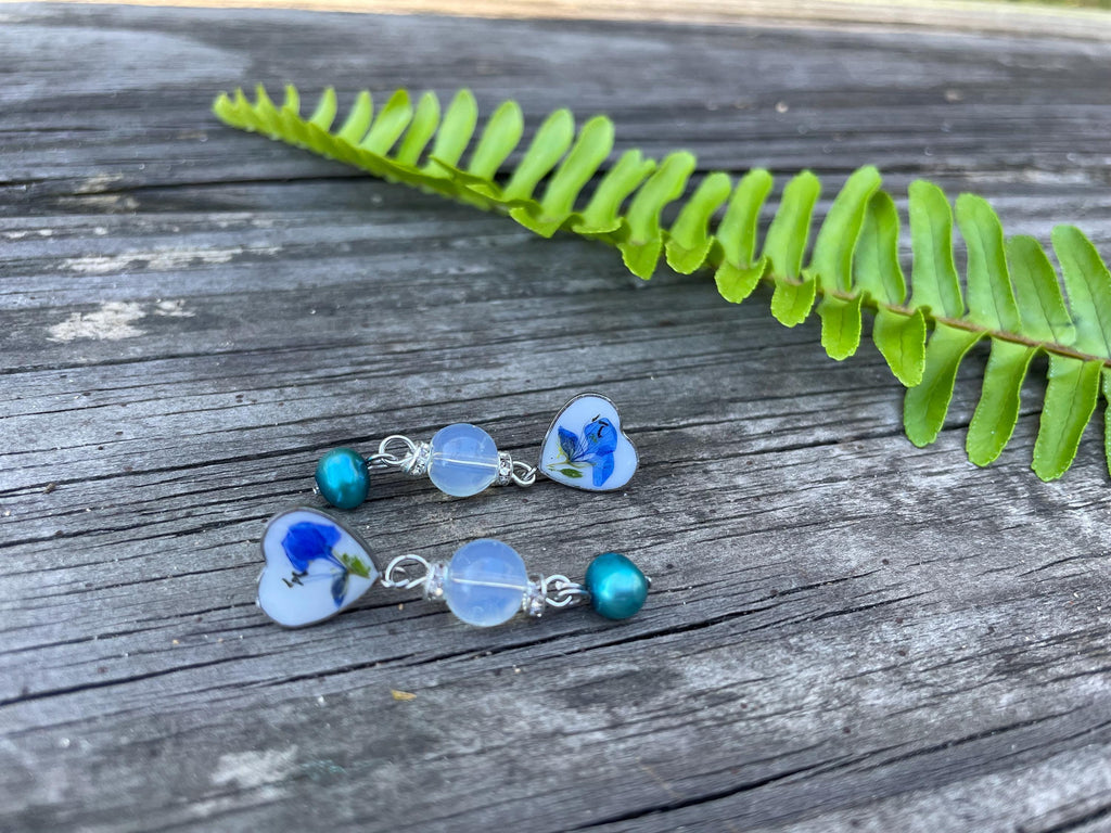 Patina Blue Pearl Floral Earrings: Pressed Flower Resin Jewelry Opal