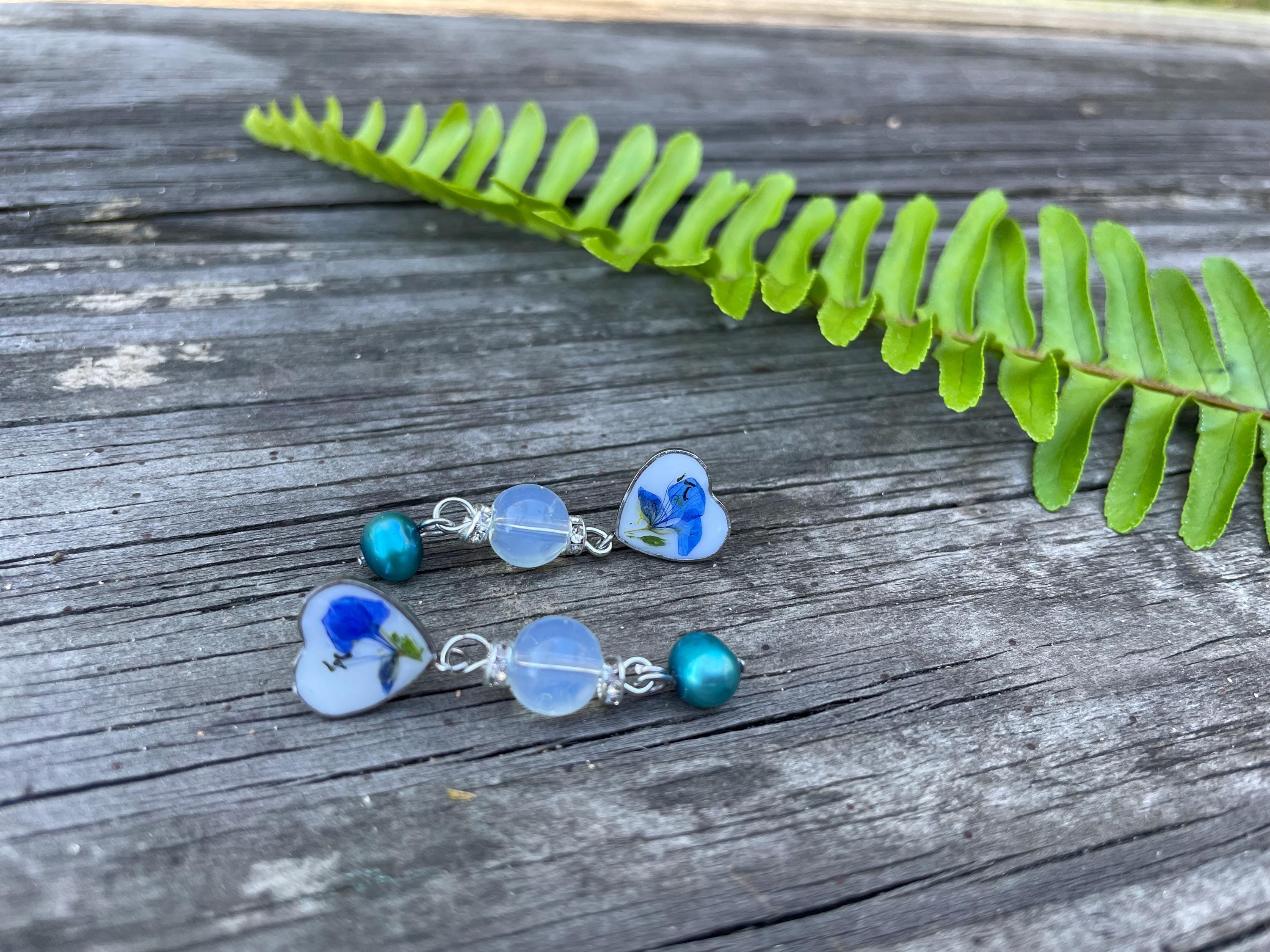 Patina Blue Pearl Floral Earrings: Pressed Flower Resin Jewelry Opal