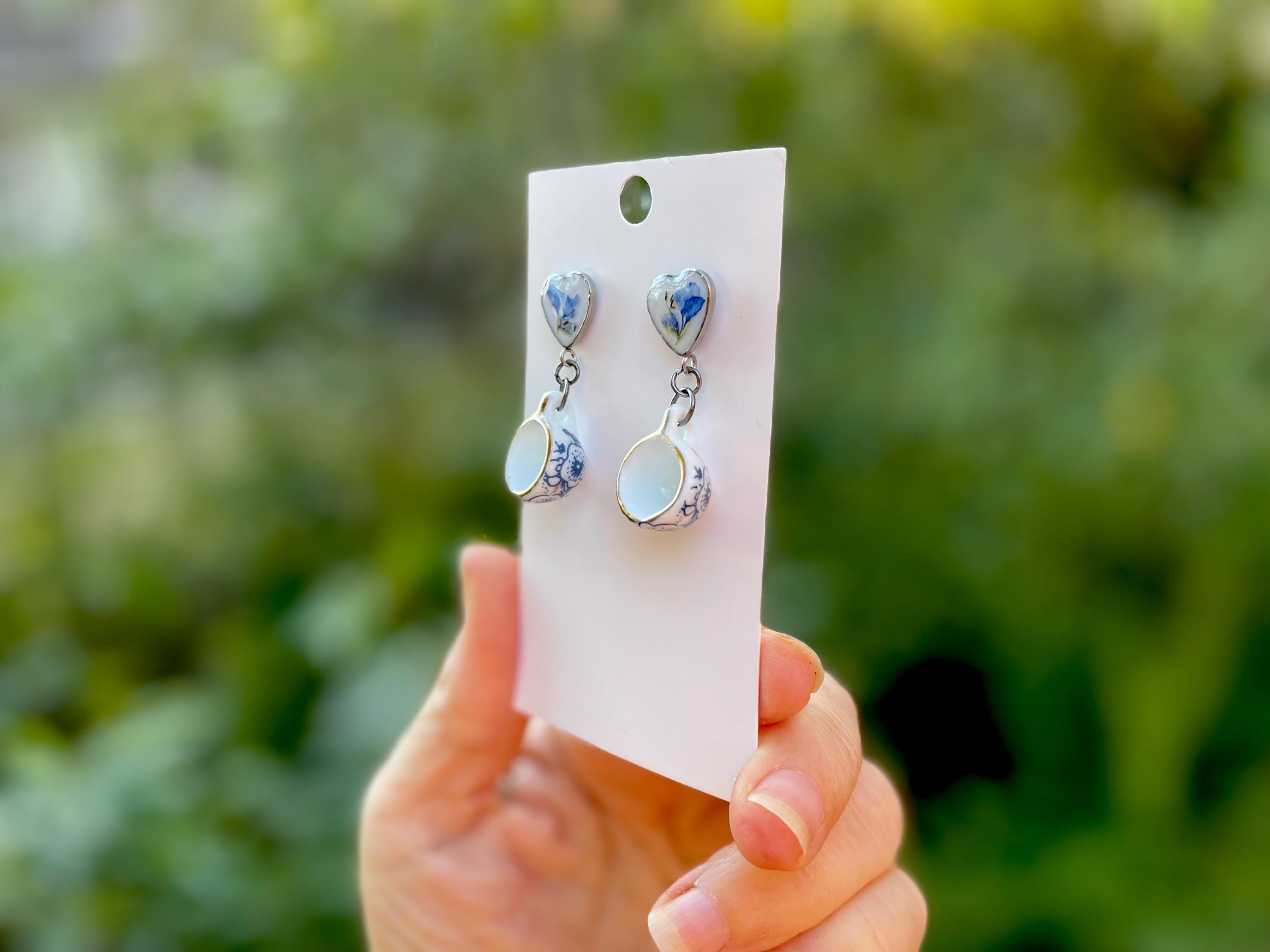 Tea Cup Dangle Earrings: Pressed Flower Heart, Blue & White Porcelain Studs 20th Anniversary