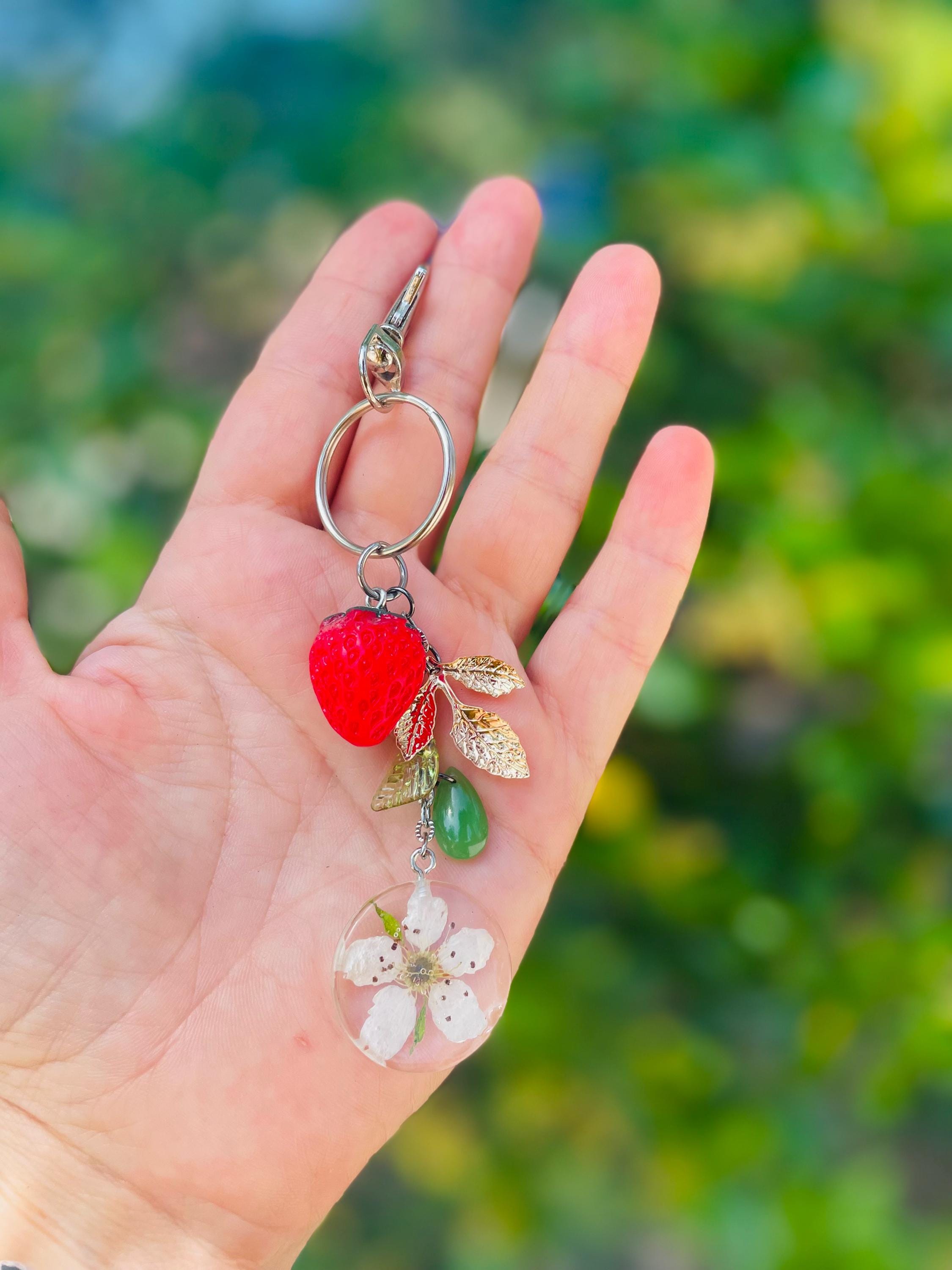 Strawberry Blossom Keychain: Aventurine Gemstone Beaded Bag Charm