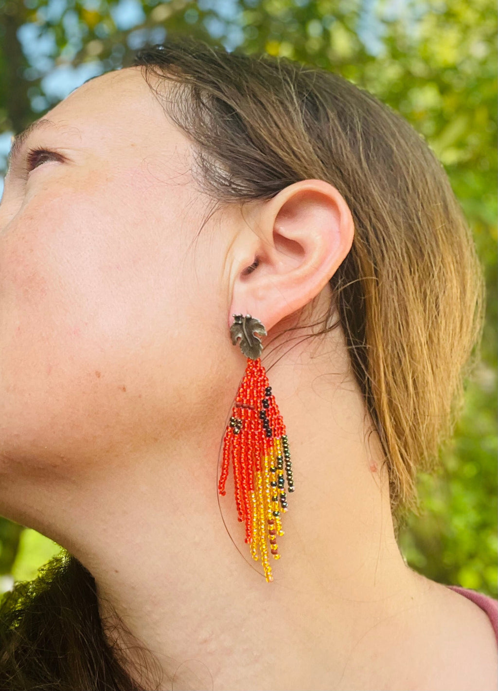 Unique handmade earrings, Burnt orange gold statement earrings, Leaf stud earrings big, Long seed beaded Fringe earrings, jewelry for her