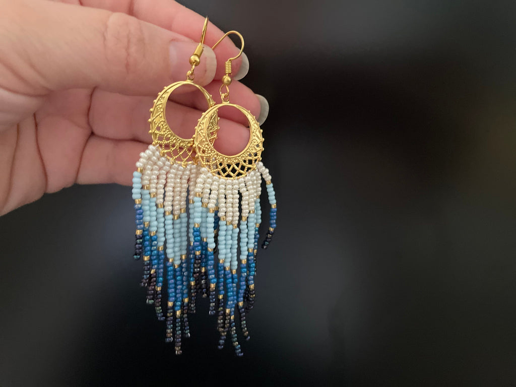 gold and denim blue bead Woven Geometrical Fringe Earrings, 14K Gold-Filled Earwires Handmade Unique Gift for Her best Friend Boho Jewelry