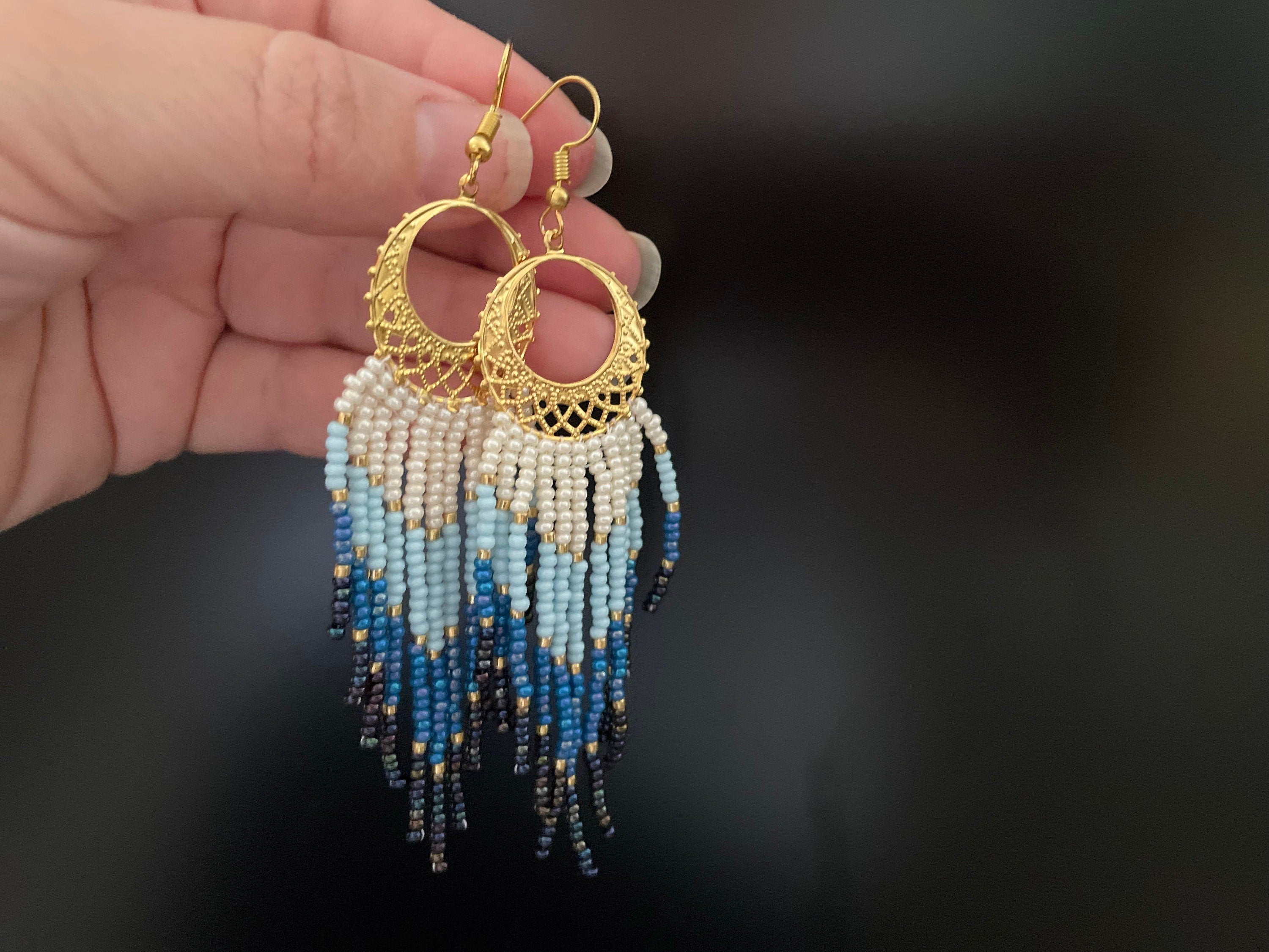 gold and denim blue bead Woven Geometrical Fringe Earrings, 14K Gold-Filled Earwires Handmade Unique Gift for Her best Friend Boho Jewelry
