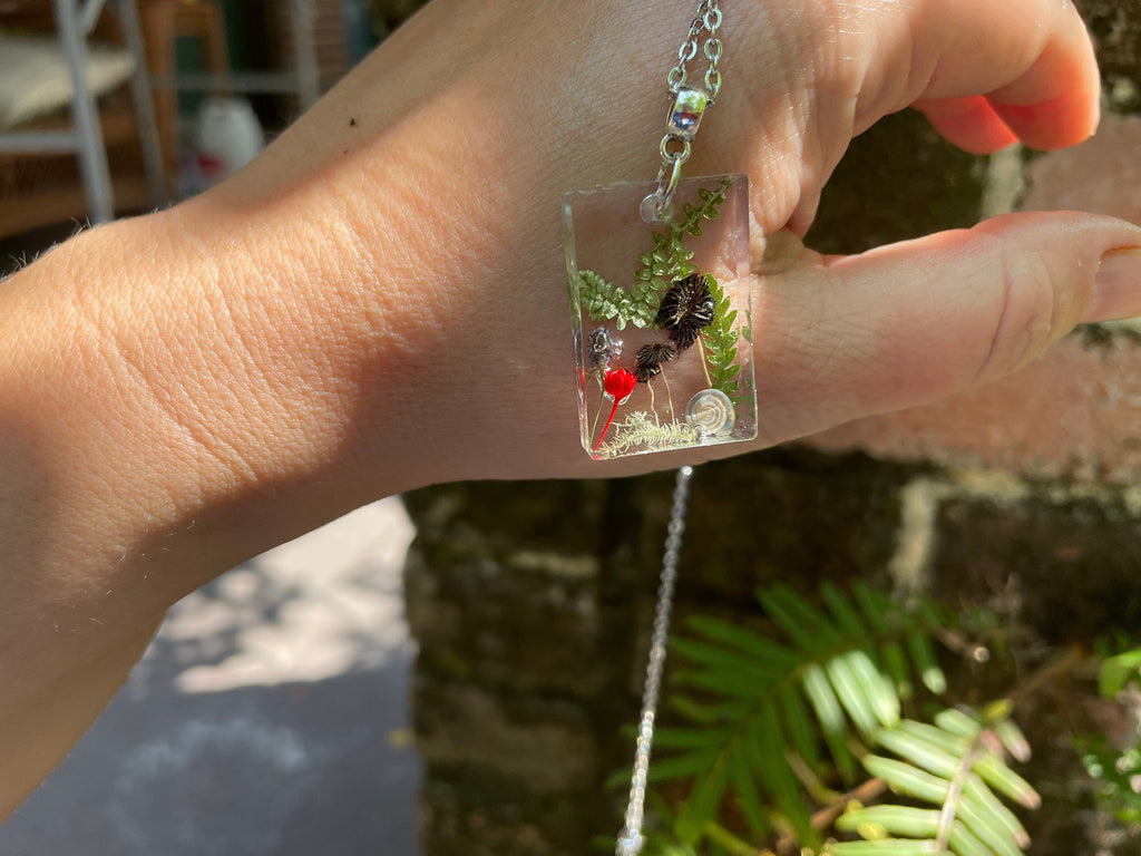 Mushroom Family Resin Necklace: Pressed Flower Pendant, Birthstone Option