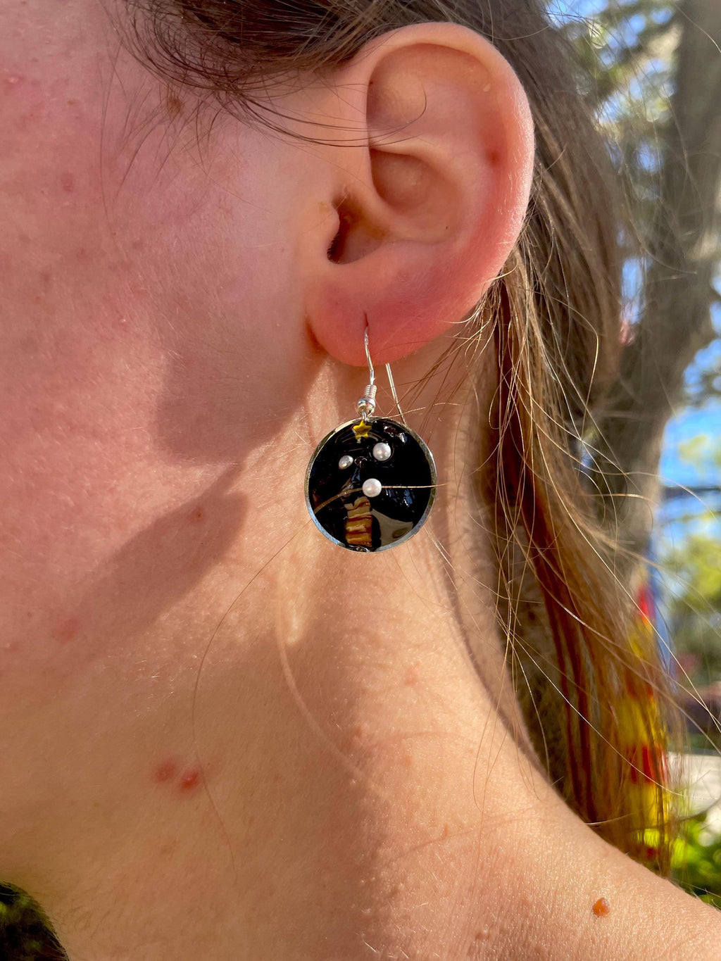 Gothic Christmas Tree Earrings: Black Sea Glass Resin Pearl Jewelry
