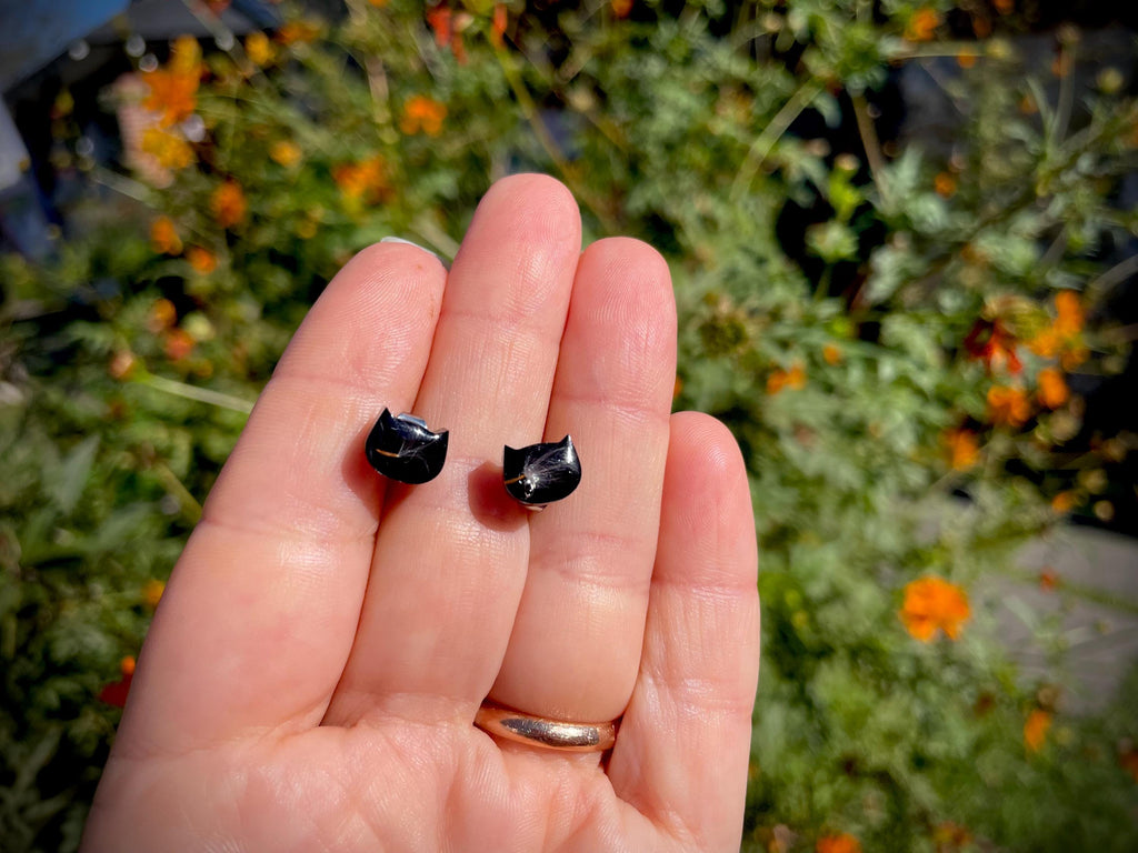 Dandelion Seed Cat Head Stud Earrings: Handmade Resin Jewelry