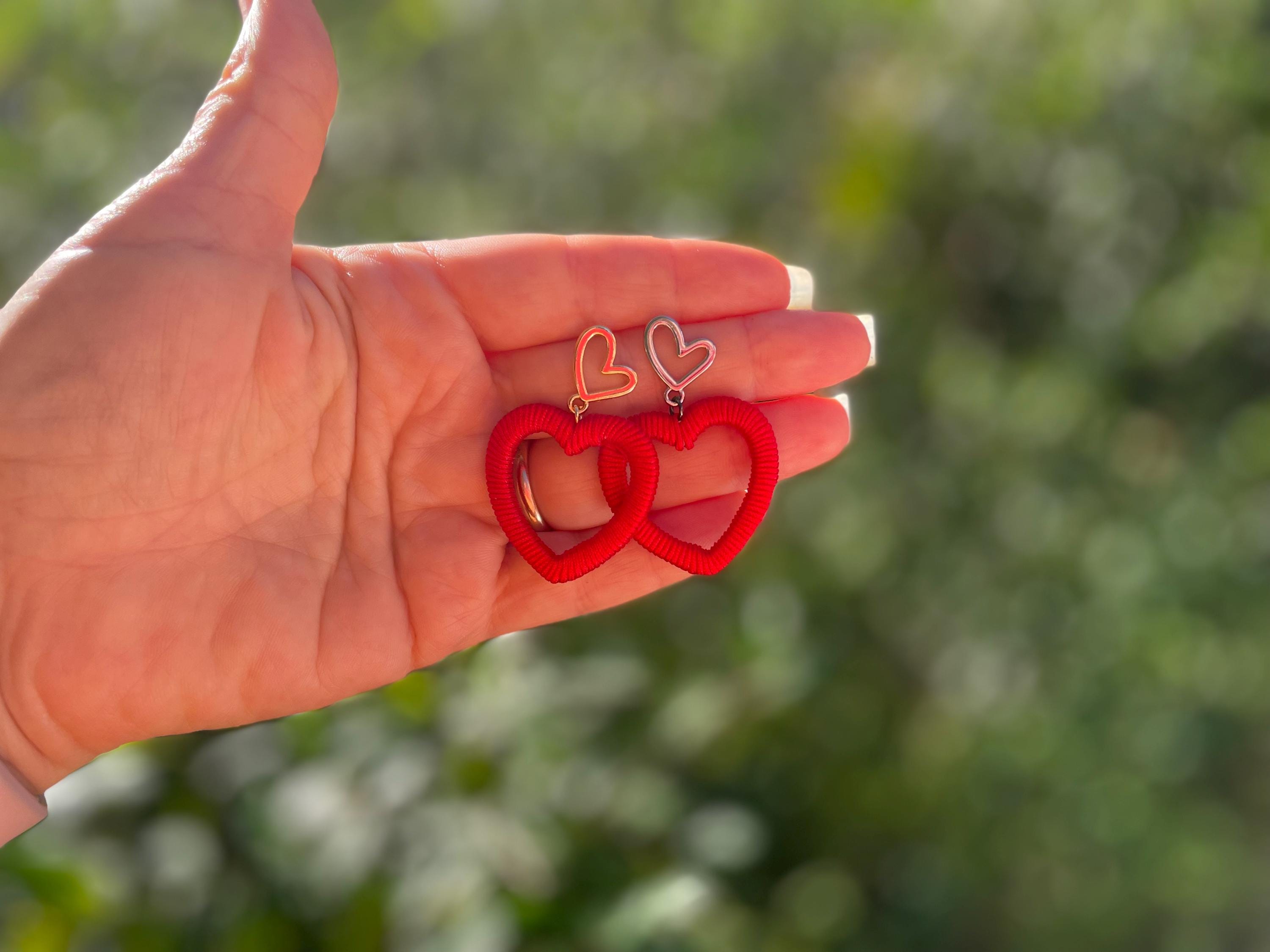 Red Silk Cord Heart Earrings: Valentine's Day Statement Hoops
