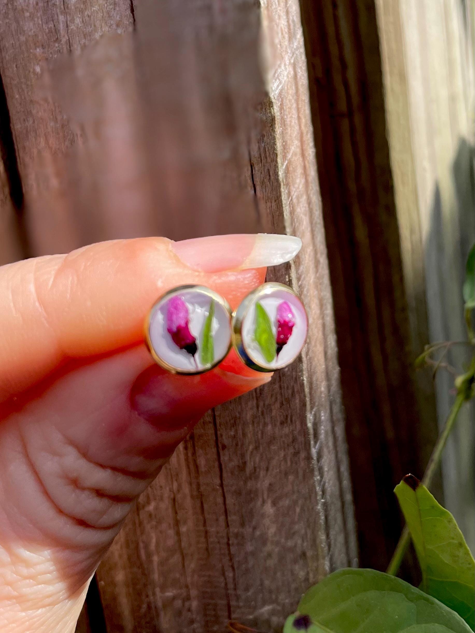 Pink Flower Stud Earrings Gold/Silver: Real Sweat Pea April Birthflower Resin Jewelry Gift Mothers Day