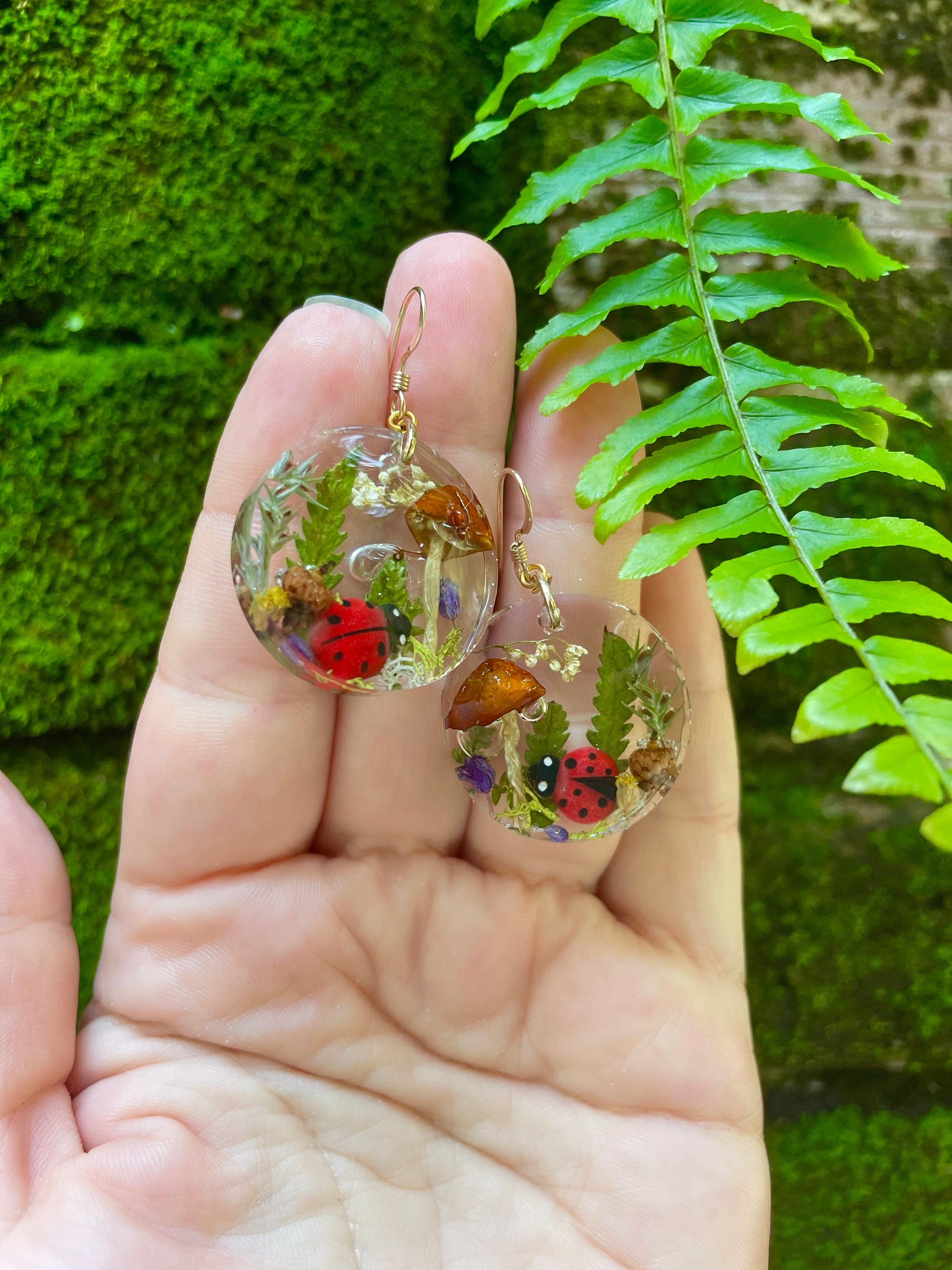 Mushroom Dangle Earrings: Real Acorn, Fern & Ladybug - Woodland Jewelry