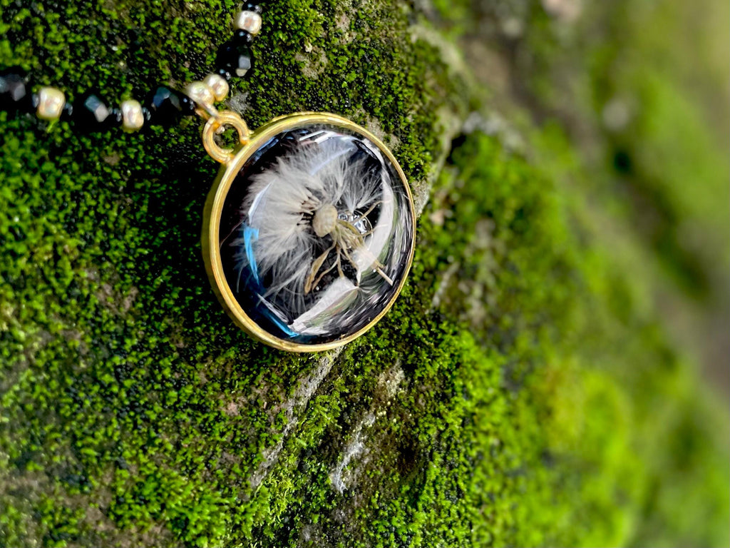Black Spinel Beaded Necklace: Real Dandelion Charm, Sterling Silver/Gold