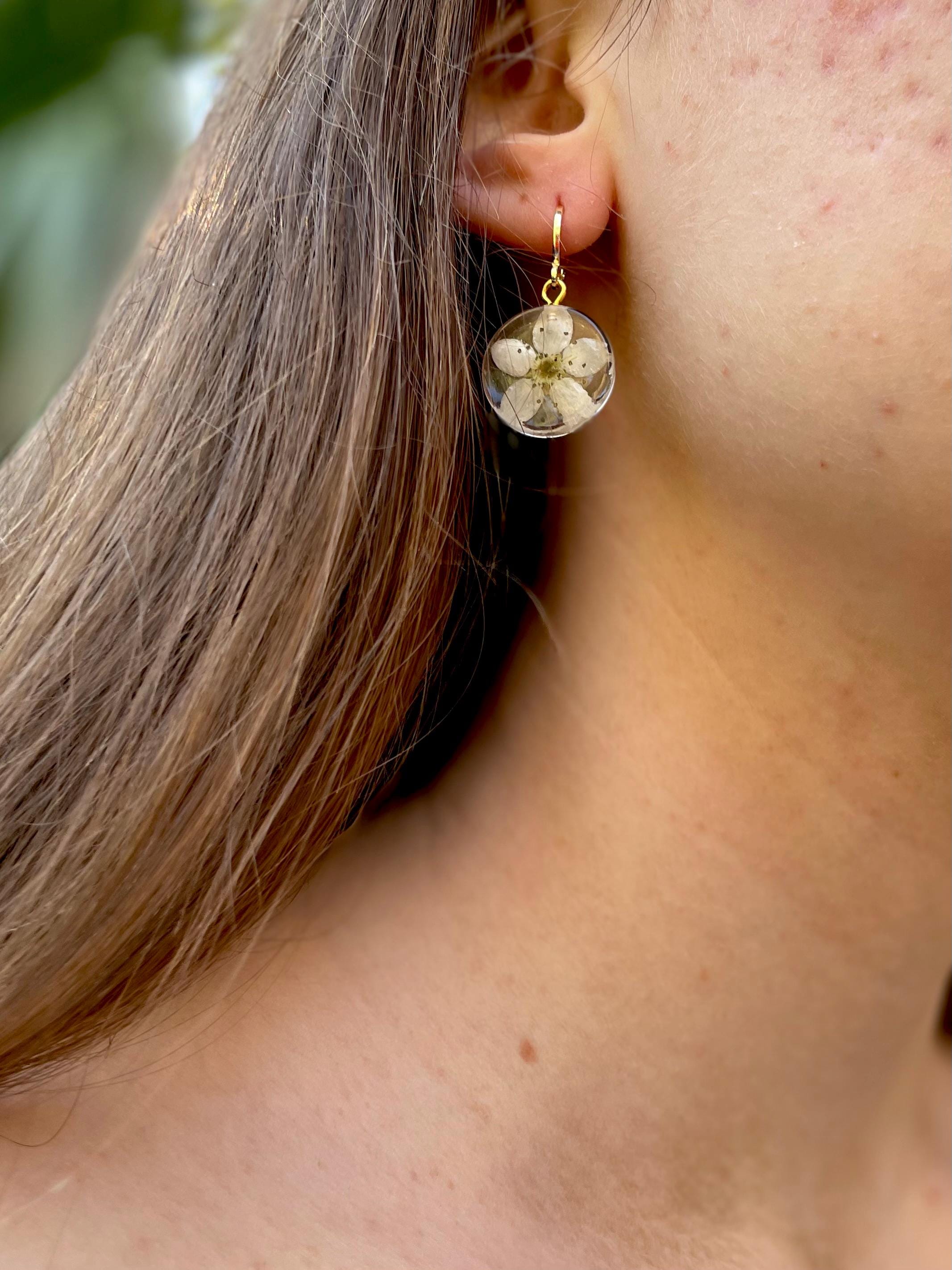 Cherry Blossom Resin Earrings: Gold Huggie Hoops, Real Flower Jewelry March Birth Flower