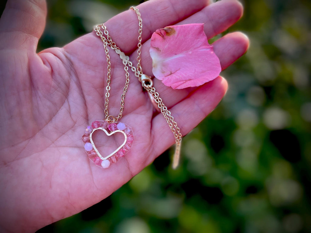 Ruby Red Heart Necklace: Gold Layered Chain, Beaded Handmade Jewelry