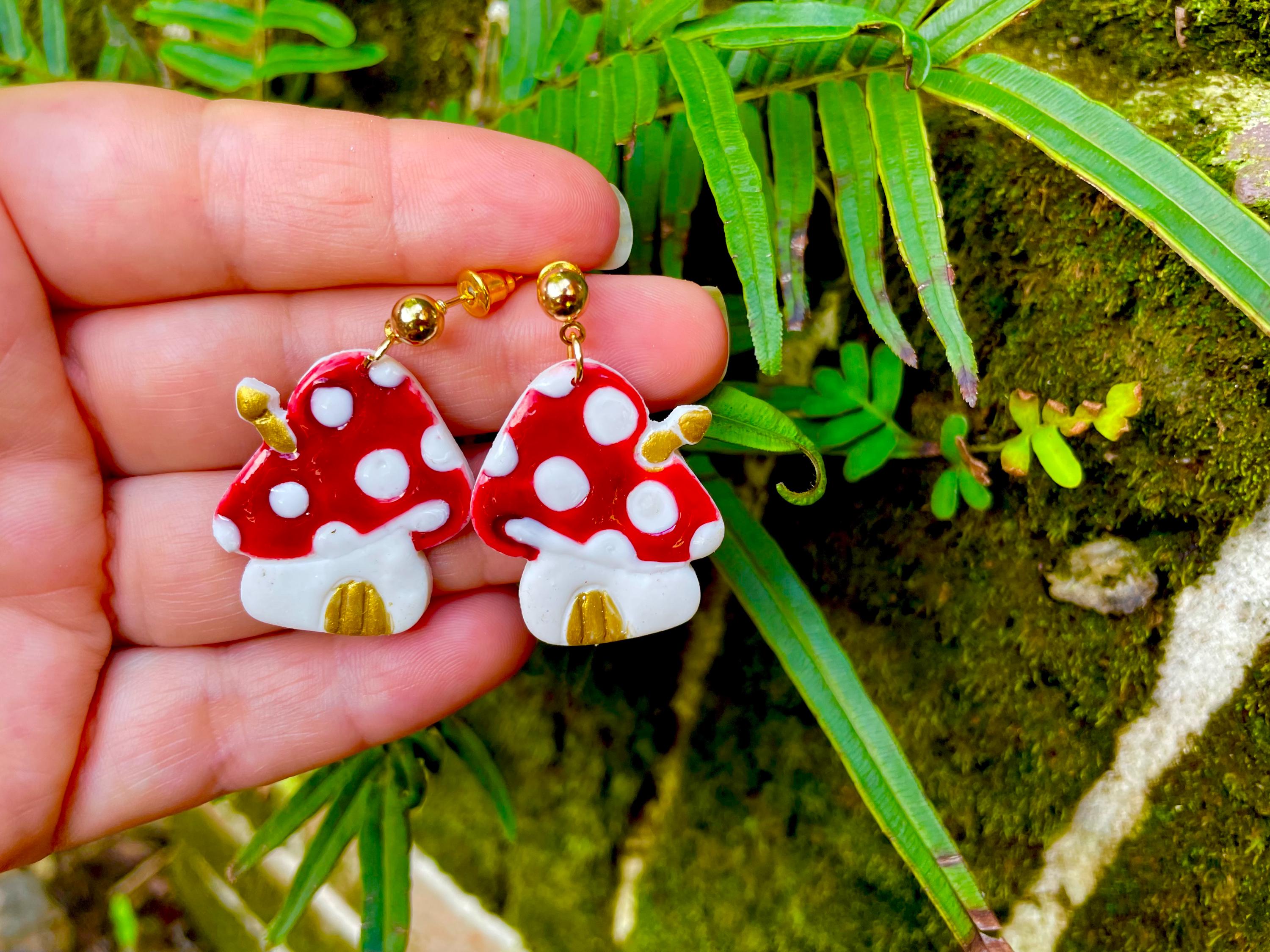 Handmade Mushroom House Earrings: Polymer Clay Whimsical Jewelry
