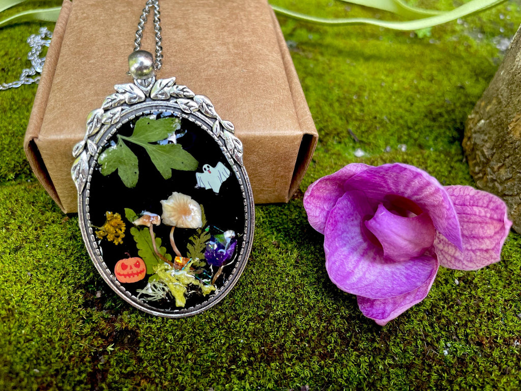Woodland Witch Necklace: Real Mushroom, Moss, Ghost & Pumpkin Charm
