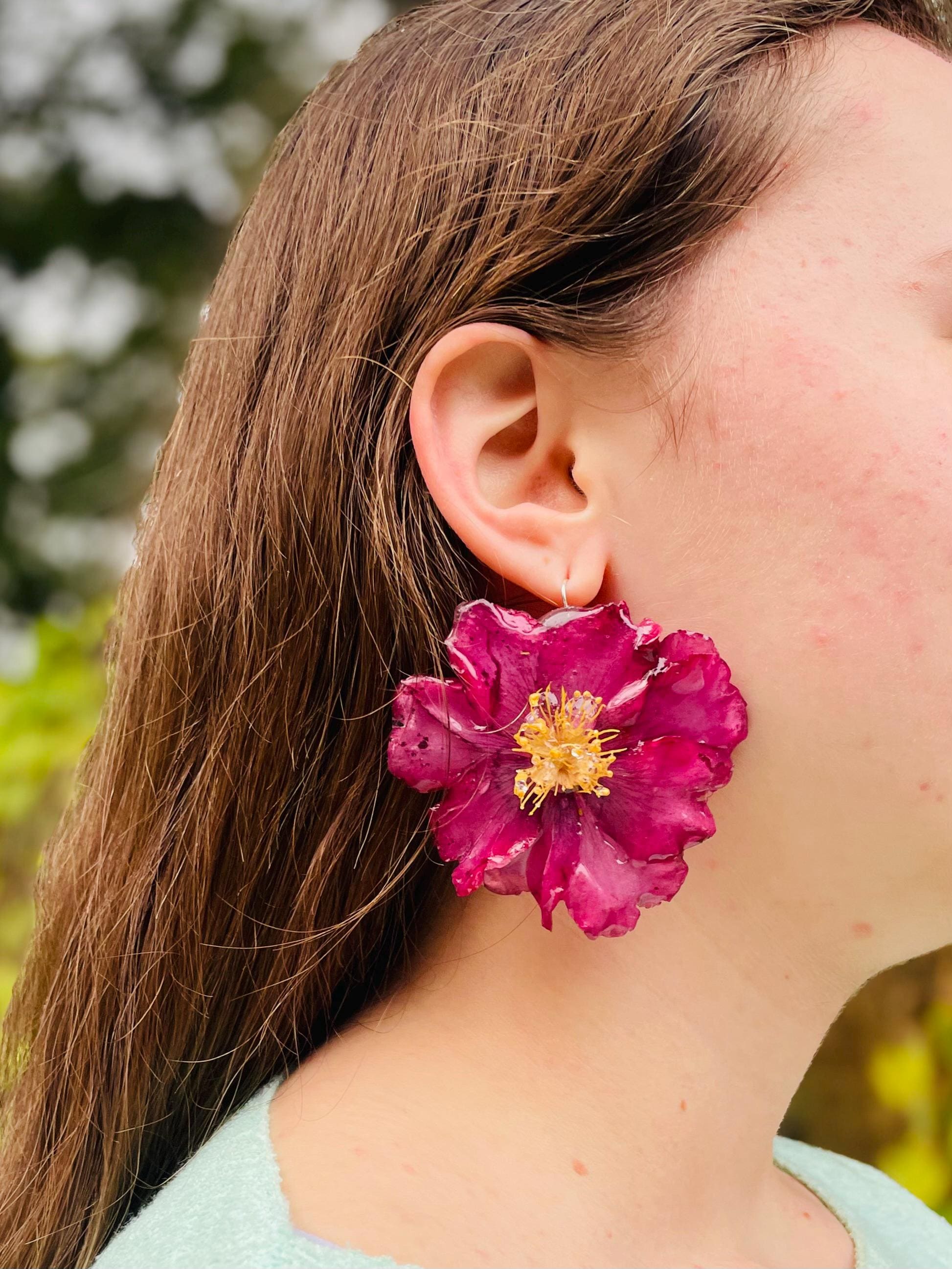 Real Camellia Flower Earrings | Unique Magenta Floral Jewelry for Pierced & Non-Pierced Ears