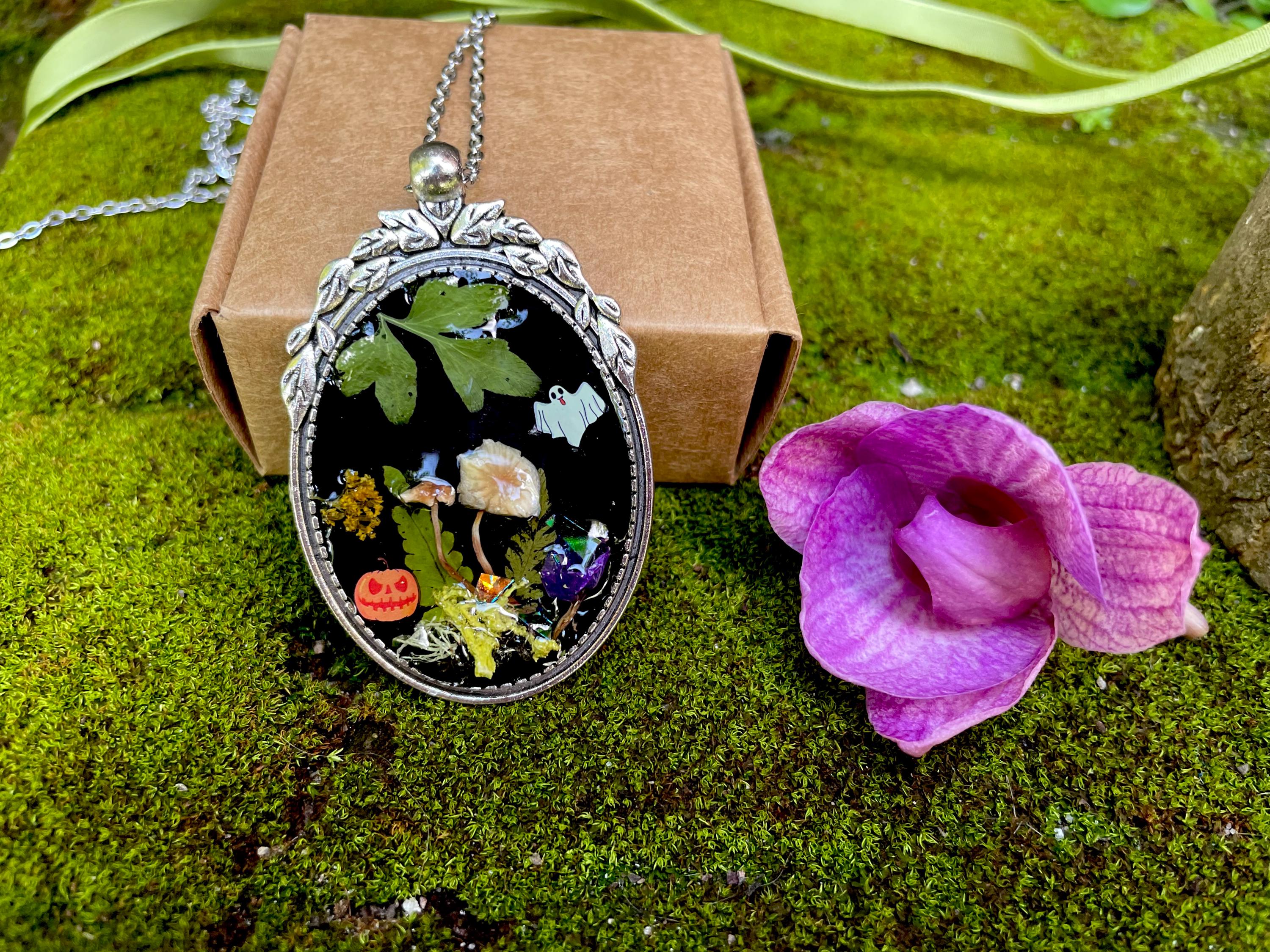 Woodland Witch Necklace: Real Mushroom, Moss, Ghost & Pumpkin Charm