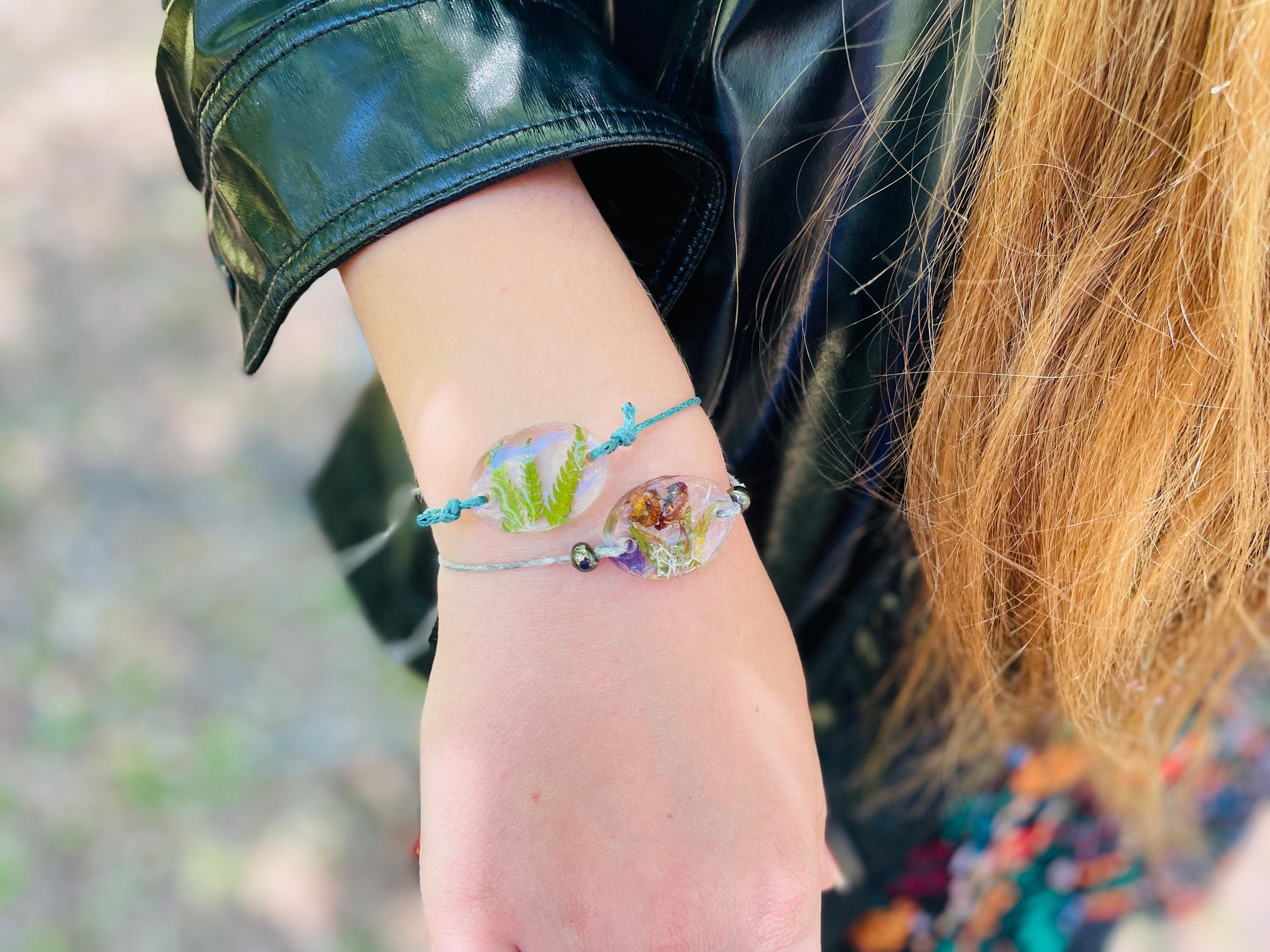 Emerald Green Fern Resin Bracelet: Adjustable Cottagecore Gift