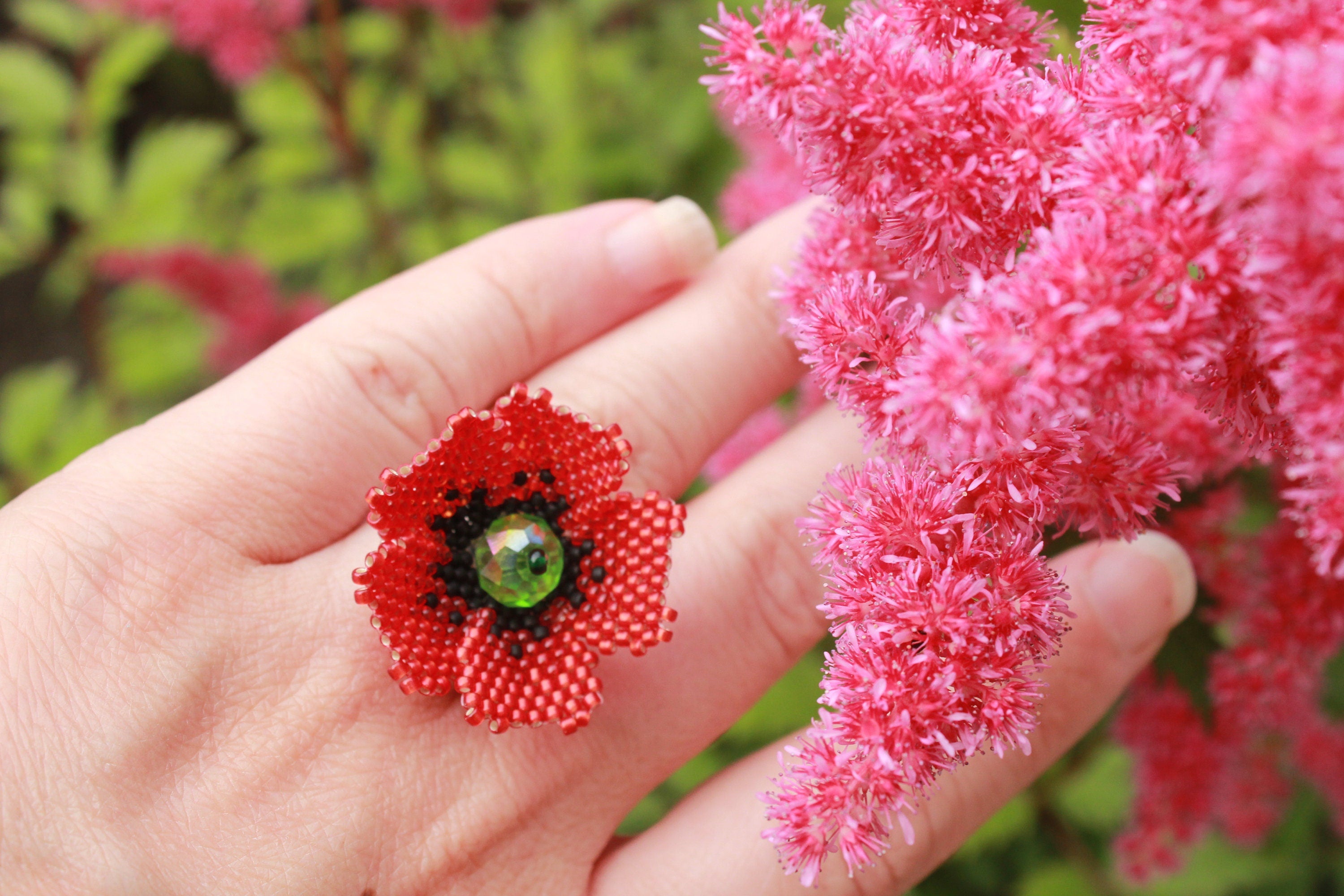 Valentine gift flower ring, red poppy jewelry, big floral rings quirky, nature jewelry for women, Birthday gifts for wife, present for mom