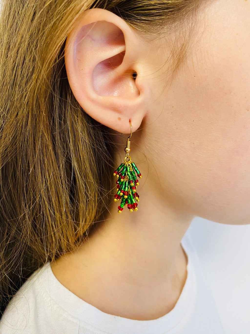 Cute rainbow Christmas tree earrings dangle, Austrian Crystal Christmas Tree Earrings Unique holiday gift for best friend handmade