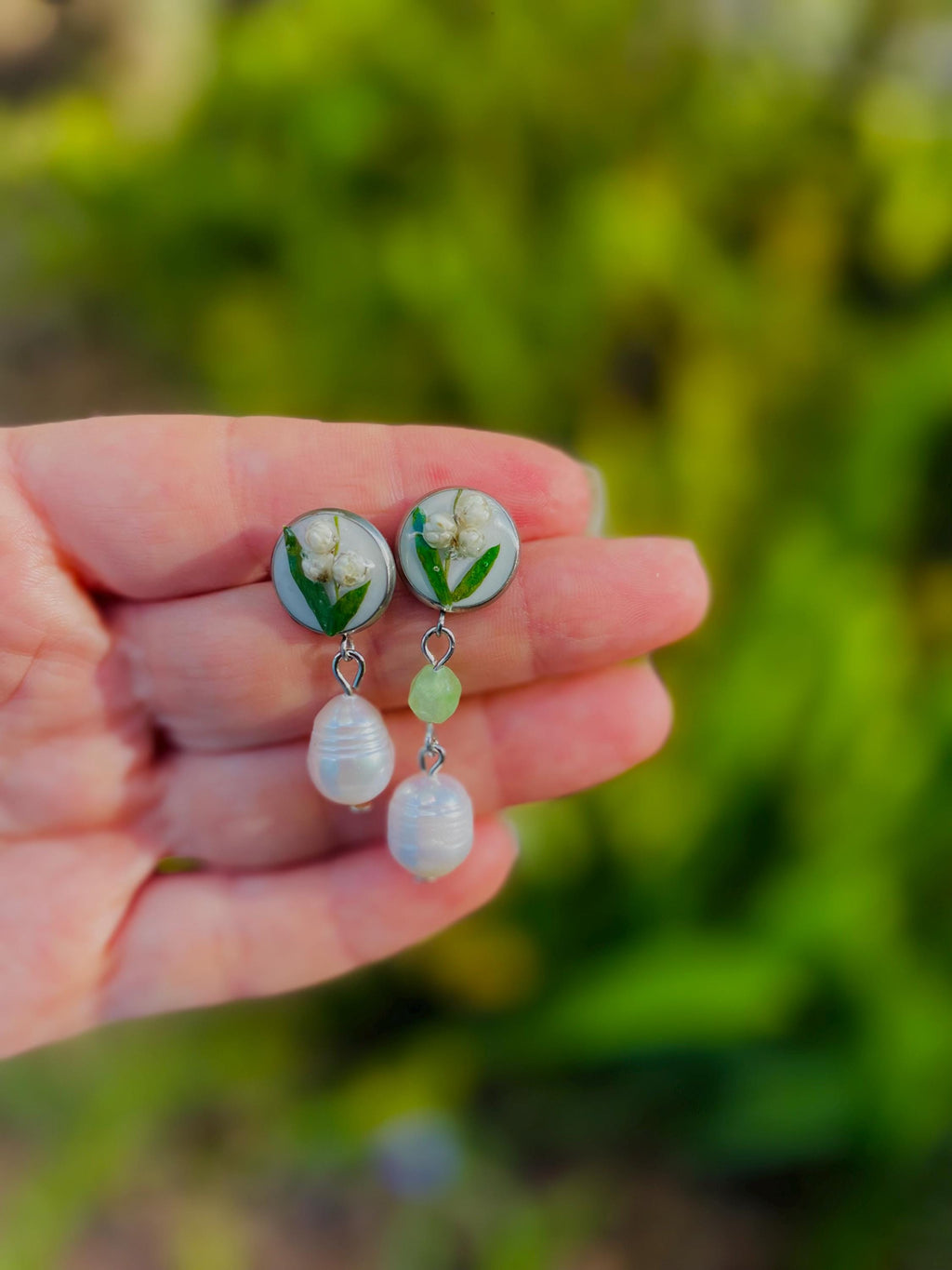 Lily of the Valley Pearl Dangle Earrings: Real Flower Resin Jewelry May Birth Flower Studs