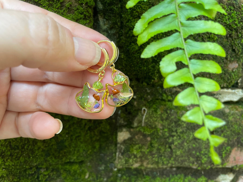 Handmade Cat Head Resin Earrings: Real Mushrooms, Ferns, Peridot Gold Hoops