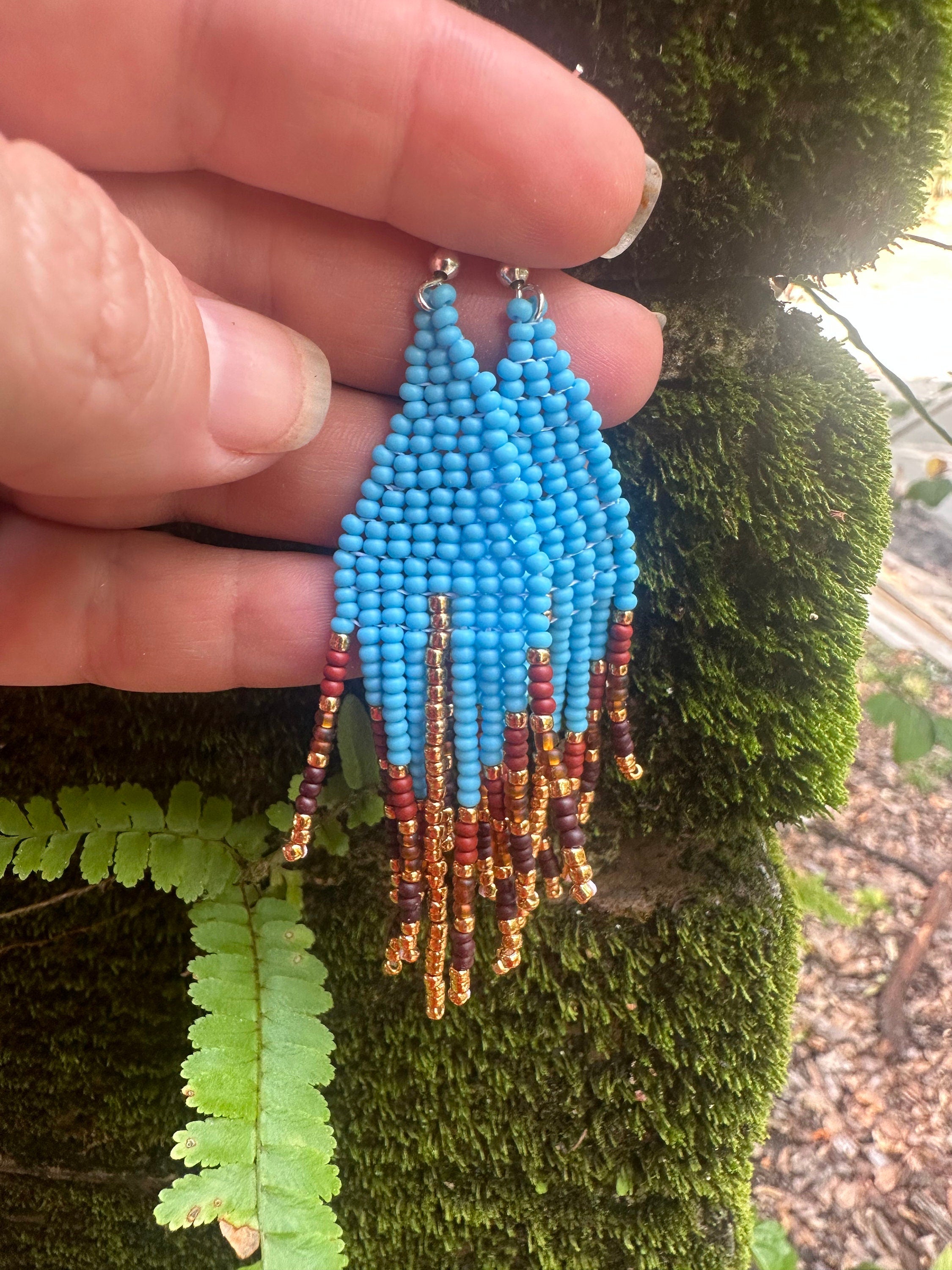 Turquoise and rust earrings handmade, blue boho earrings Fringe beadwork earrings unique holiday gift for her Seed bead dangle earring Long