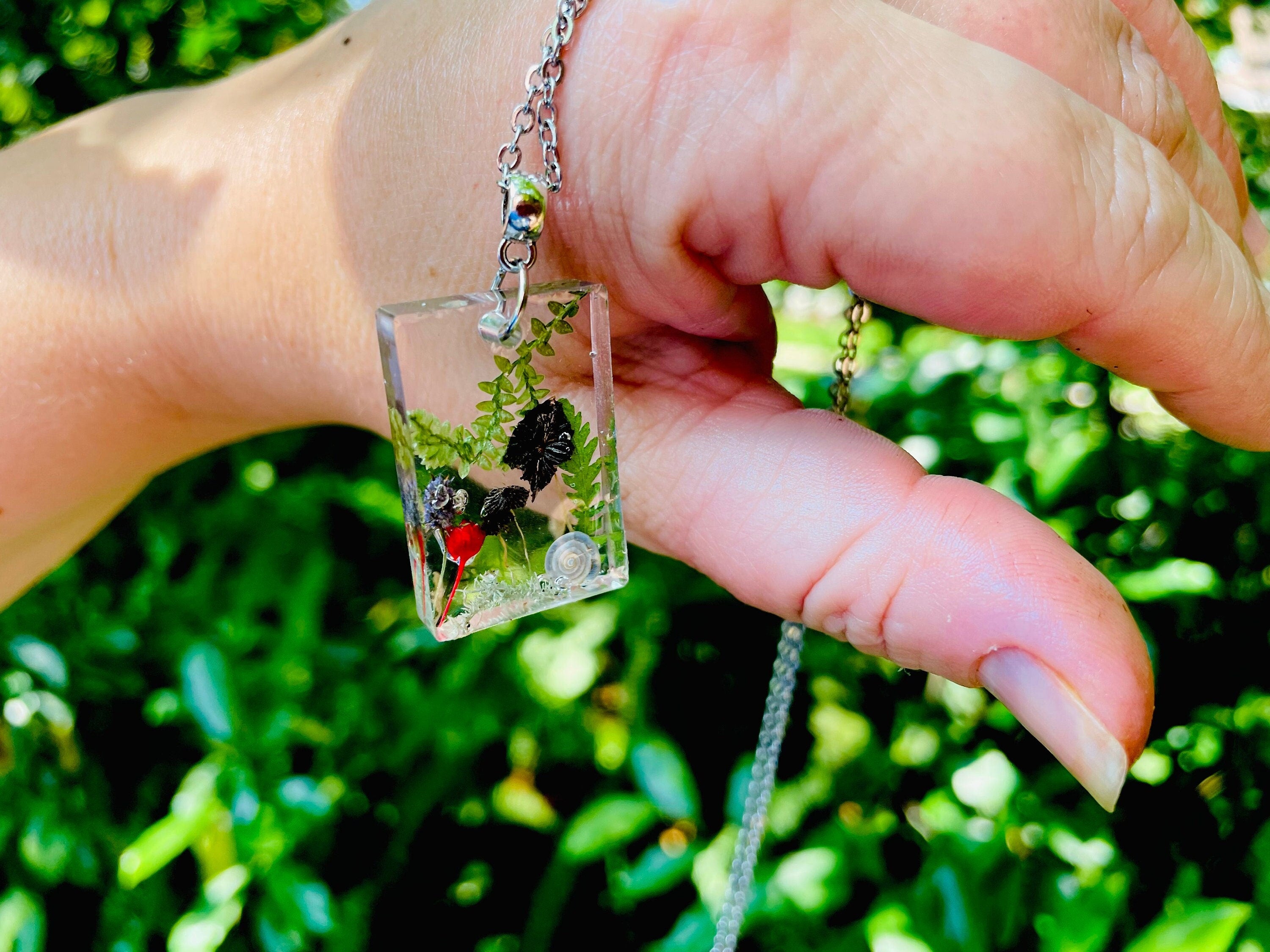Mushroom Family Resin Necklace: Pressed Flower Pendant, Birthstone Option