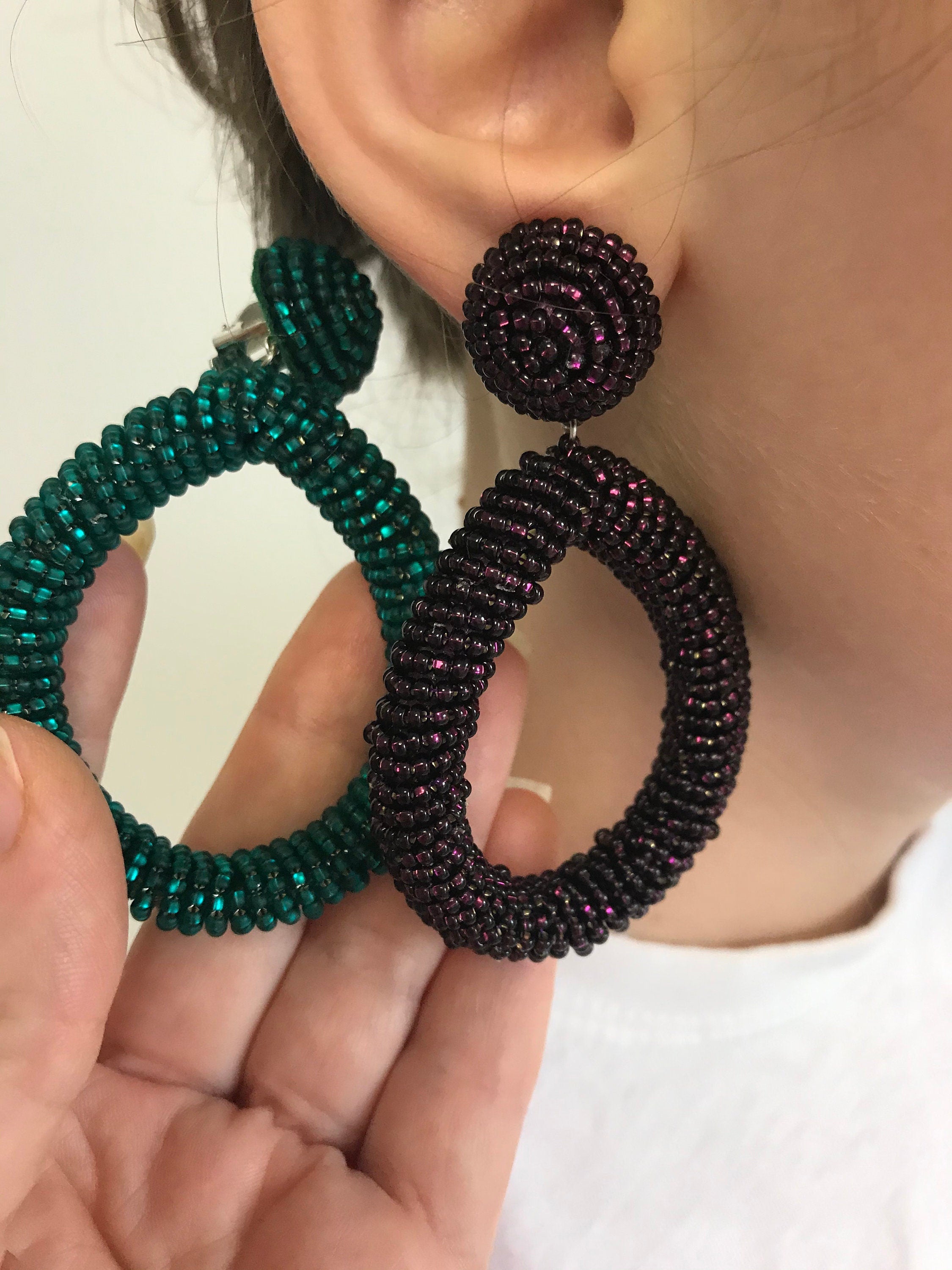 Emerald green earrings, Amethyst beaded earrings clip-on, big Statement earrings, Chunky drop earrings gift for her mom, best friend gifts