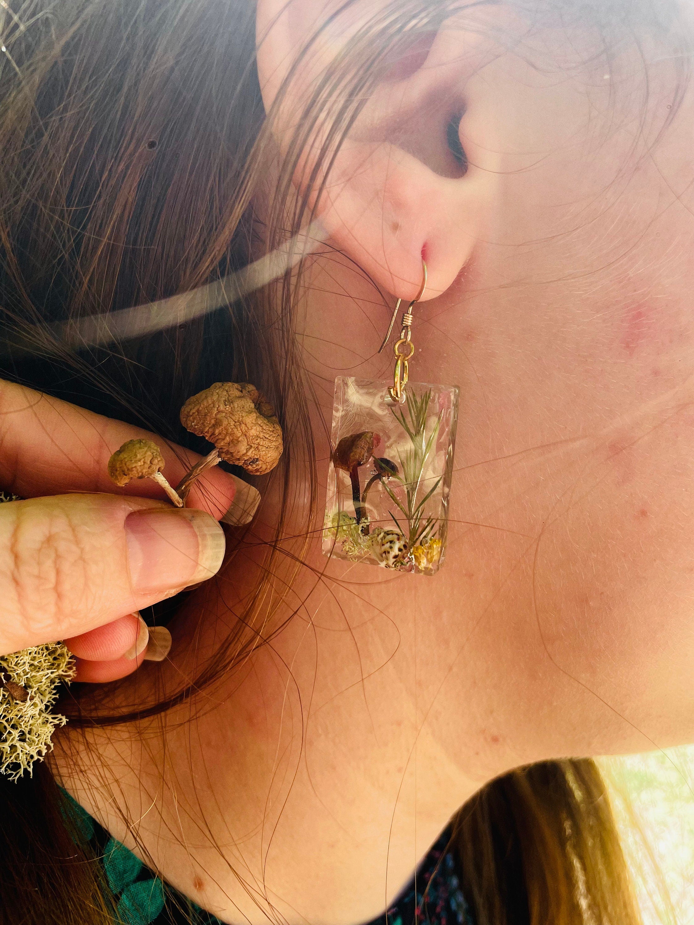 Real Mushroom Resin Earrings: Gold Filled Fairy Forest Jewelry