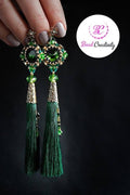 Handmade Emerald Green Swarovski Crystal Silk Tassel Earrings for Women 3-6 inch Long Custom Tassel Color