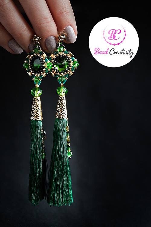 Handmade Emerald Green Swarovski Crystal Silk Tassel Earrings for Women 3-6 inch Long Custom Tassel Color