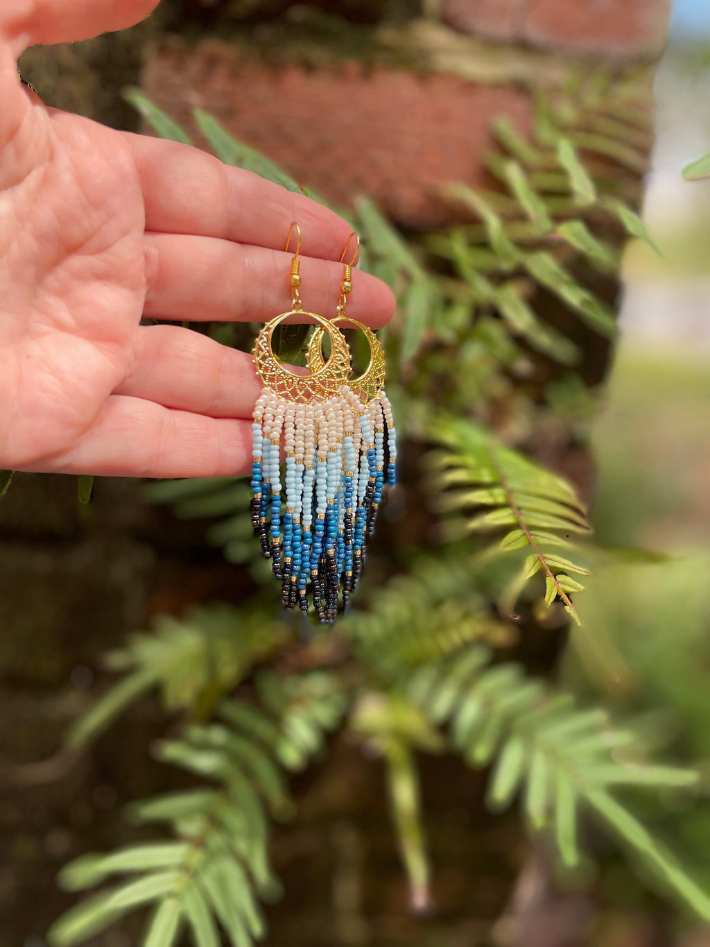 gold and denim blue bead Woven Geometrical Fringe Earrings, 14K Gold-Filled Earwires Handmade Unique Gift for Her best Friend Boho Jewelry