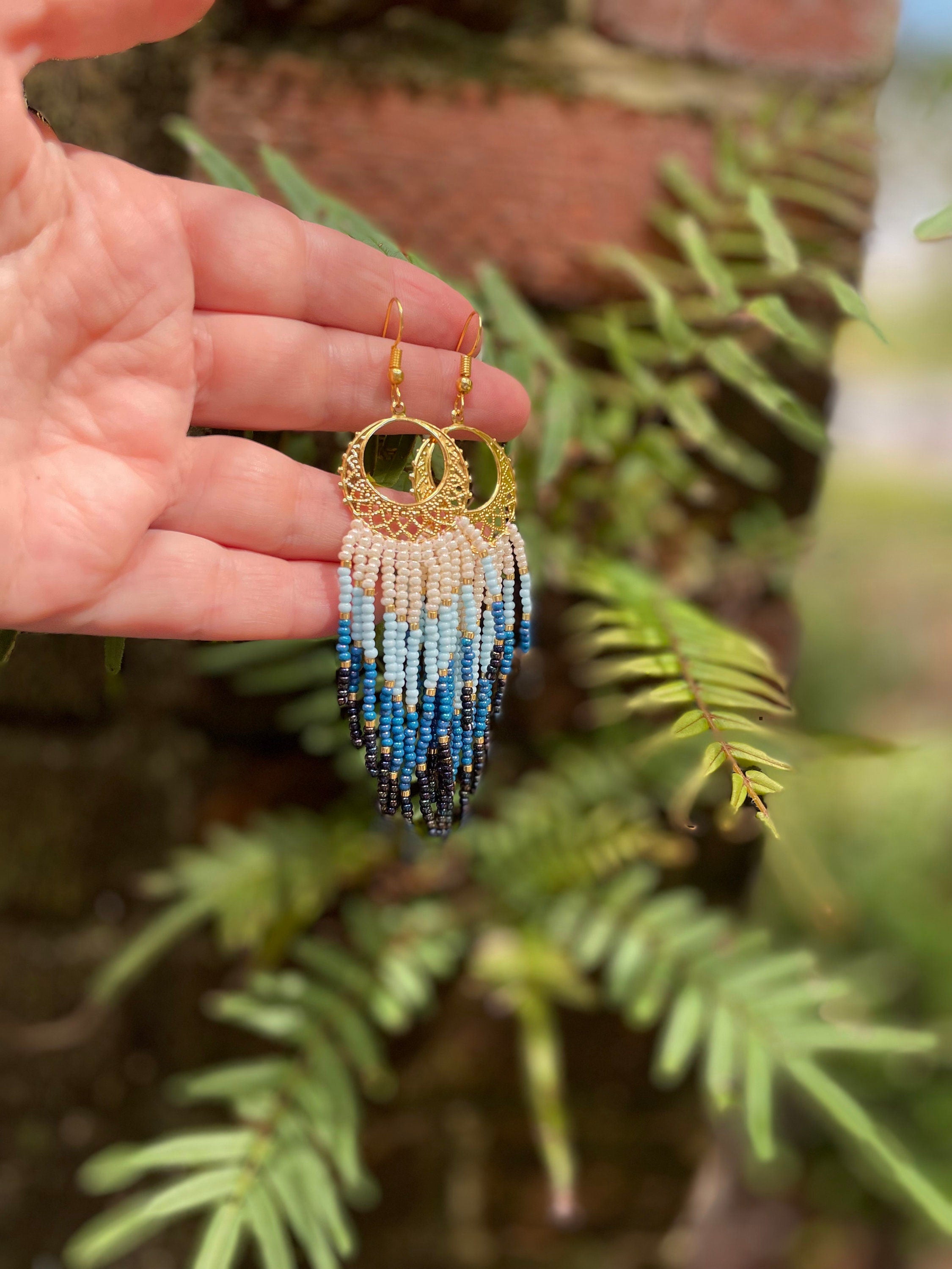 gold and denim blue bead Woven Geometrical Fringe Earrings, 14K Gold-Filled Earwires Handmade Unique Gift for Her best Friend Boho Jewelry