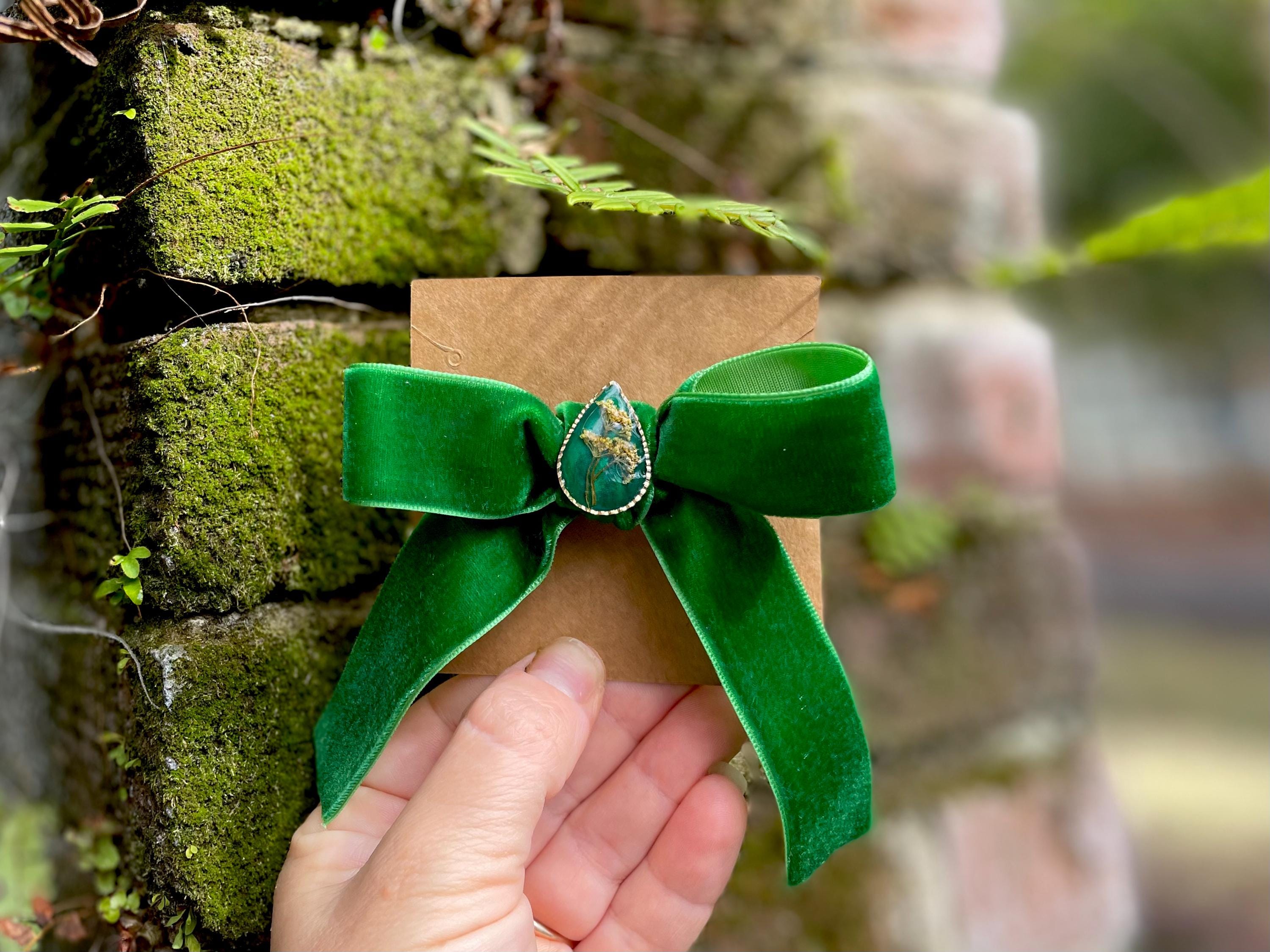 Forest Green Velvet Hair Bow Clip: Real Wildflower Charm