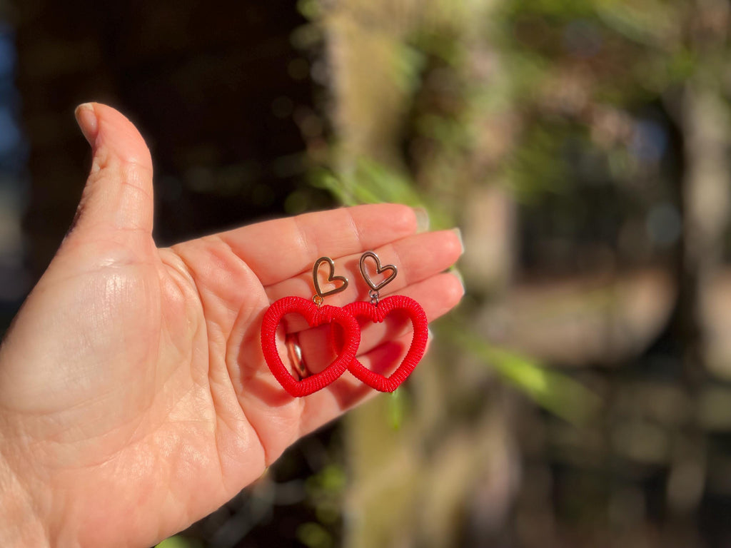 Red Silk Cord Heart Earrings: Valentine's Day Statement Hoops