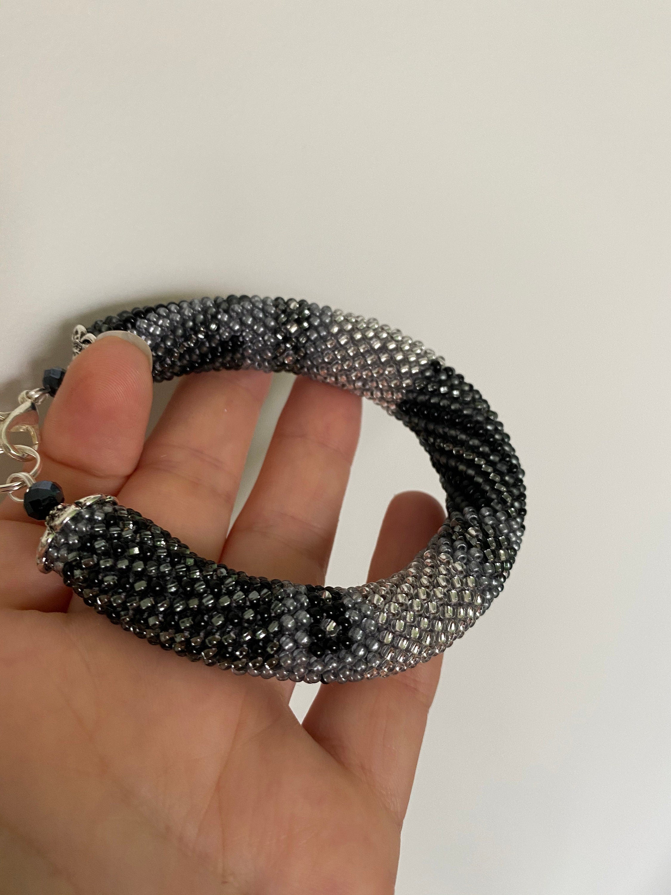 Silver bracelet Shades of Grey Patchwork Bracelet Grey Bracelet Stylish Beaded Bracelet For her Fashion Accessory Bead crochet Rope Bracelet