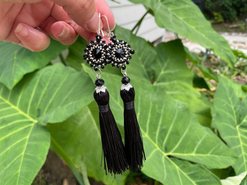Handmade Black and Silver/Gold Swarovski Crystal Silk Tassel Chandelier Earrings for Women 3-6 inch Long Custom Tassel Color