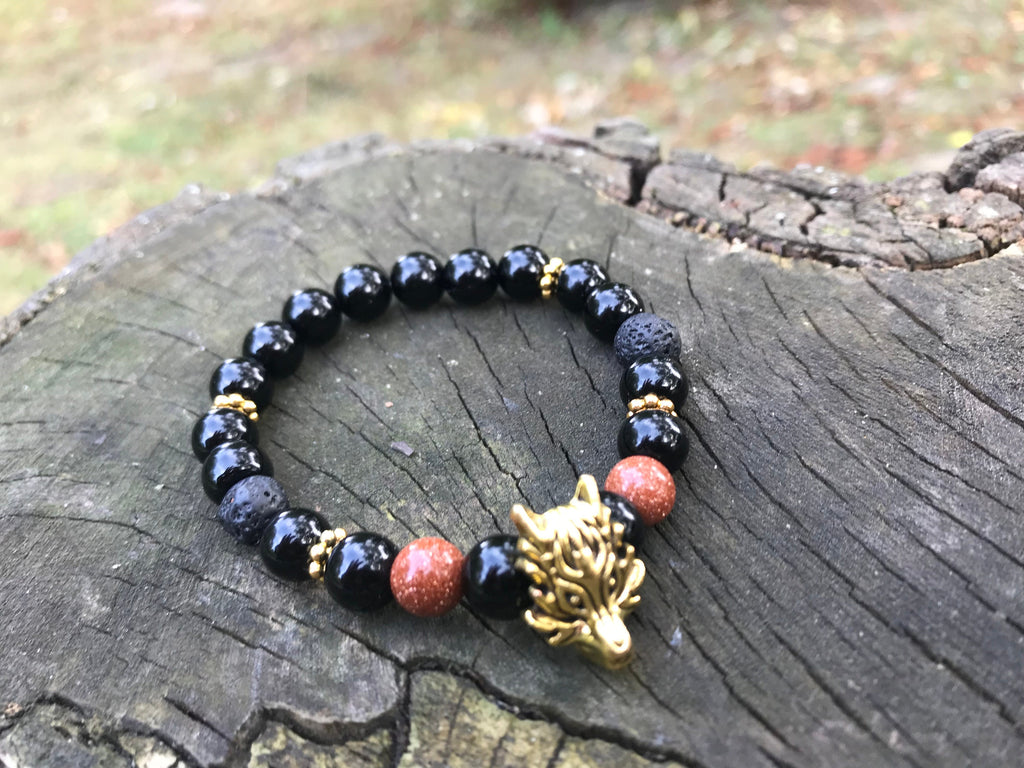 Christmas gift for him, black beaded bracelet with gold Wolf charm for men, lava diffuser bracelet anniversary present for boyfriend brother