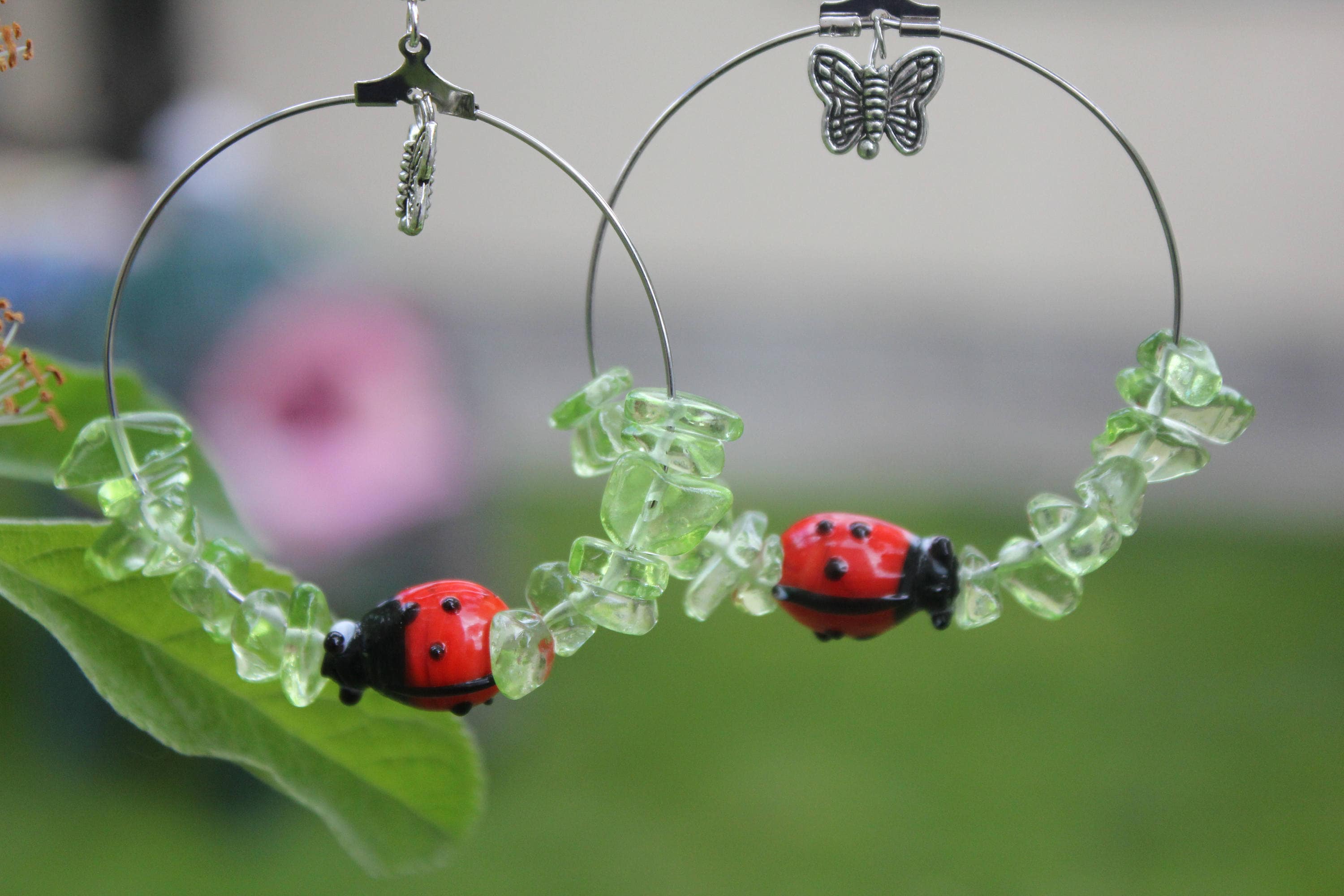 Custom Birthstone earrings for wife, Peridot hoop earrings with ladybug butterfly charm, birthday jewelry gift green summer earrings crystal