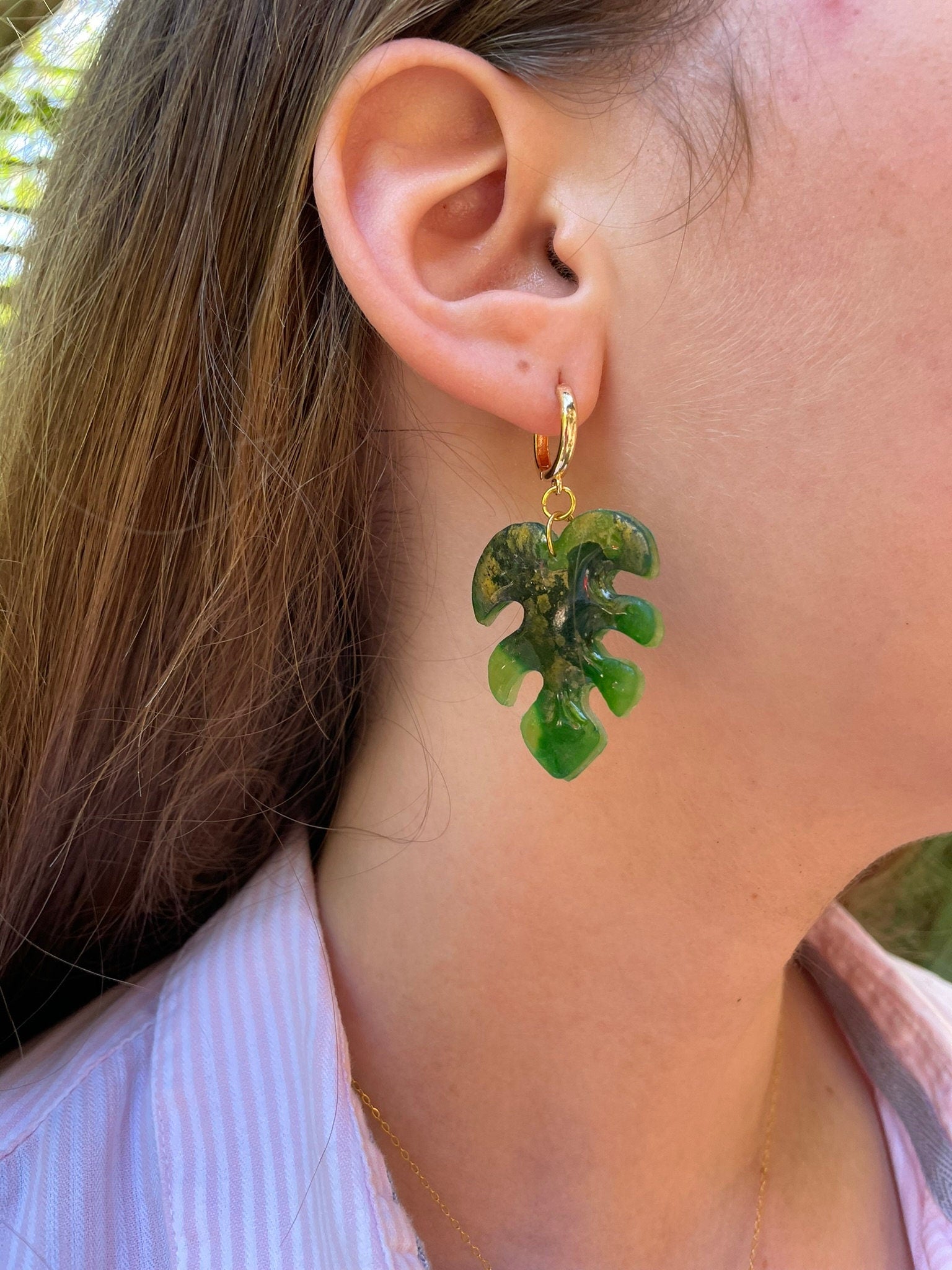 Tropical Island Style Monstera Leaf Earrings, Gold Hoop huggie earrings Cool Summer Jewelry Beach Wedding Maximalist Polymer Clay Earrings