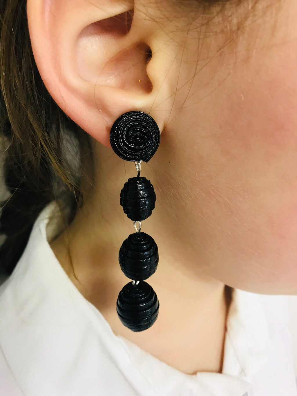 Black red faux leather bon bon earrings, layered leather earrings for women, long beaded earrings clips, three Ball Rebecca earrings dangle