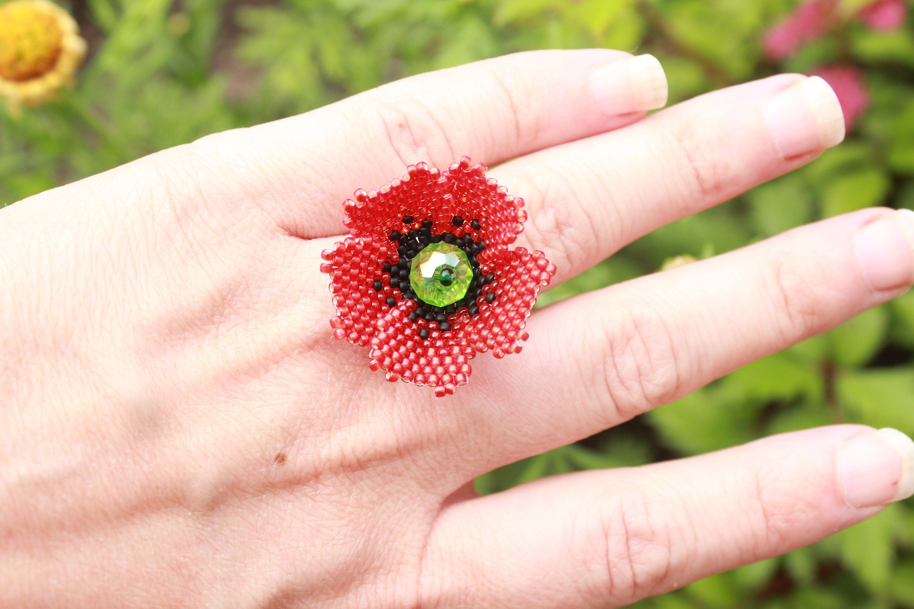 Valentine gift flower ring, red poppy jewelry, big floral rings quirky, nature jewelry for women, Birthday gifts for wife, present for mom