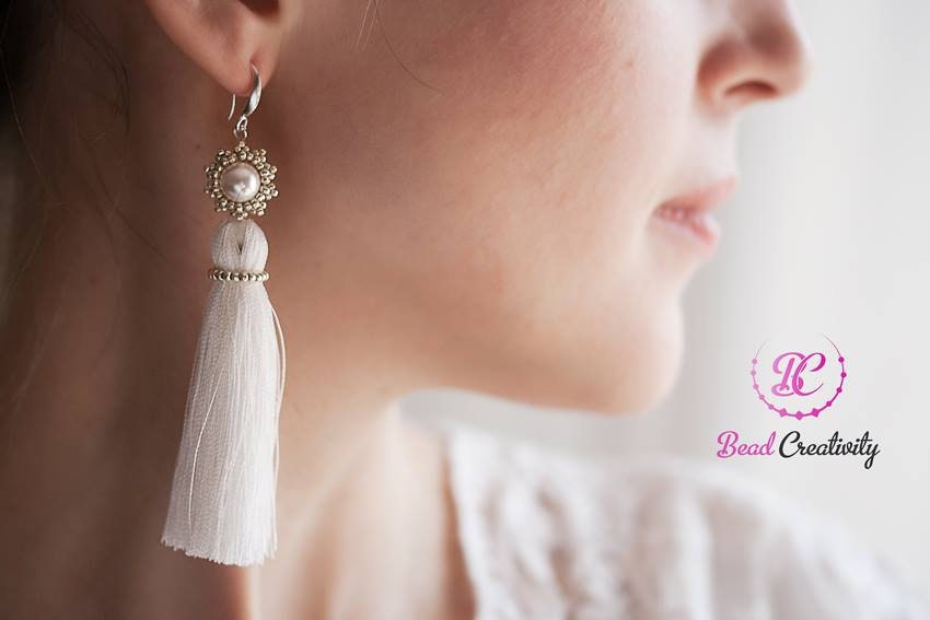 Christmas holiday gift for wife mom Swarovski pearl earrings, silk tassel earrings silver, Long Dangle Wedding Earrings for bride bridesmaid