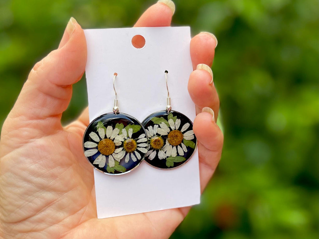 Pressed Daisy Flower Earrings: Black Resin Circle, Botanical Jewelry