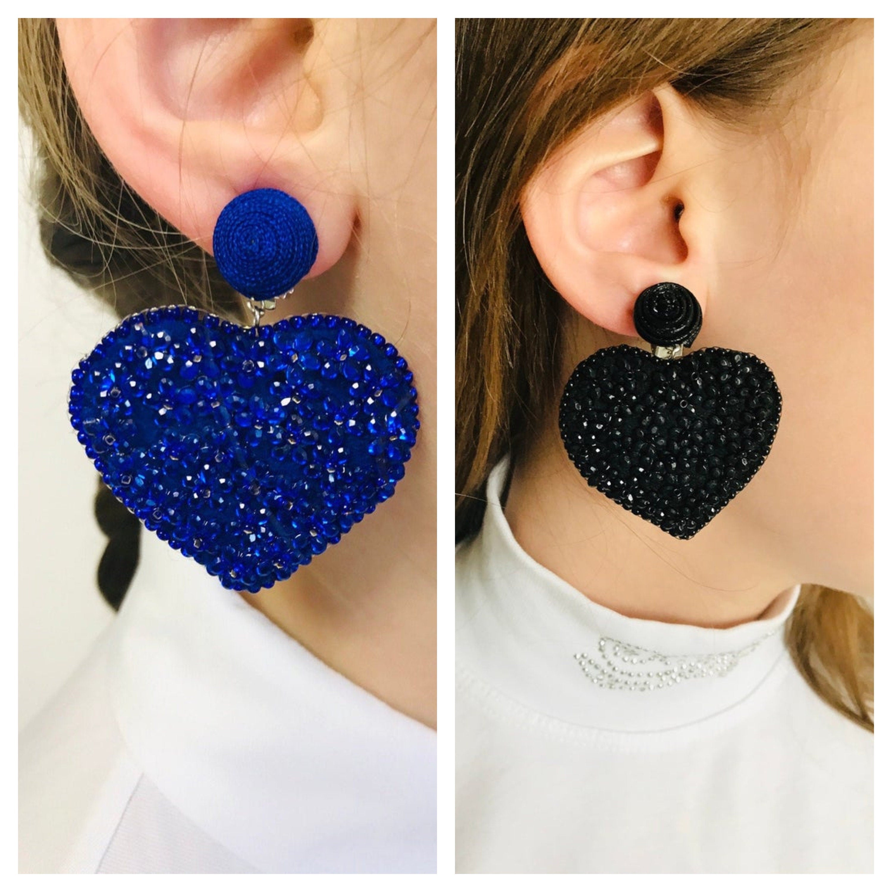 Valentine Earrings. Heart earrings Women's Drop clip-on Earrings handmade beaded earrings Floral drop sequins earrings blue heart earrings