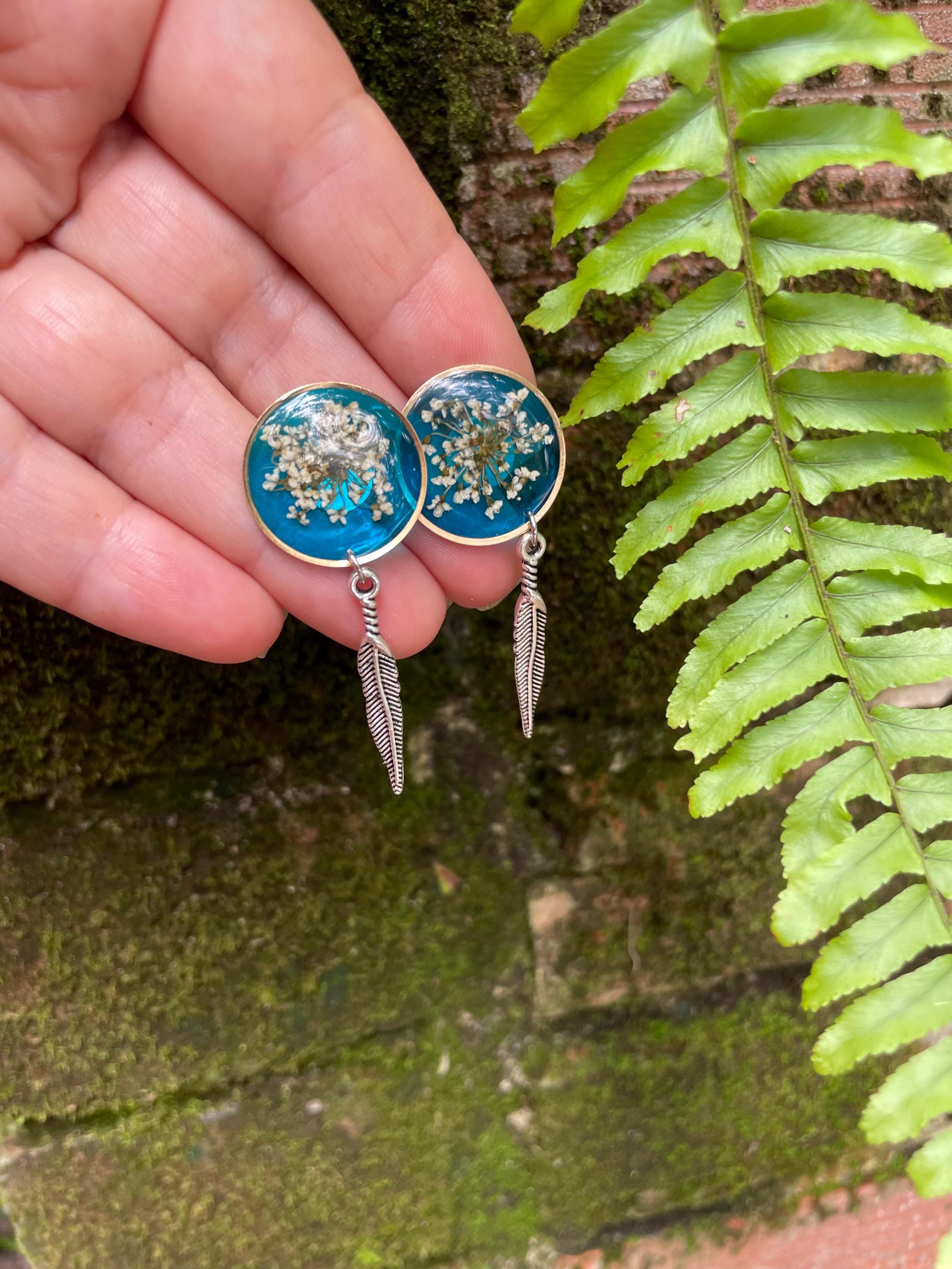 Patina Blue Resin Stud Earrings: Real Pressed Flower and Turquoise Feather jewelry