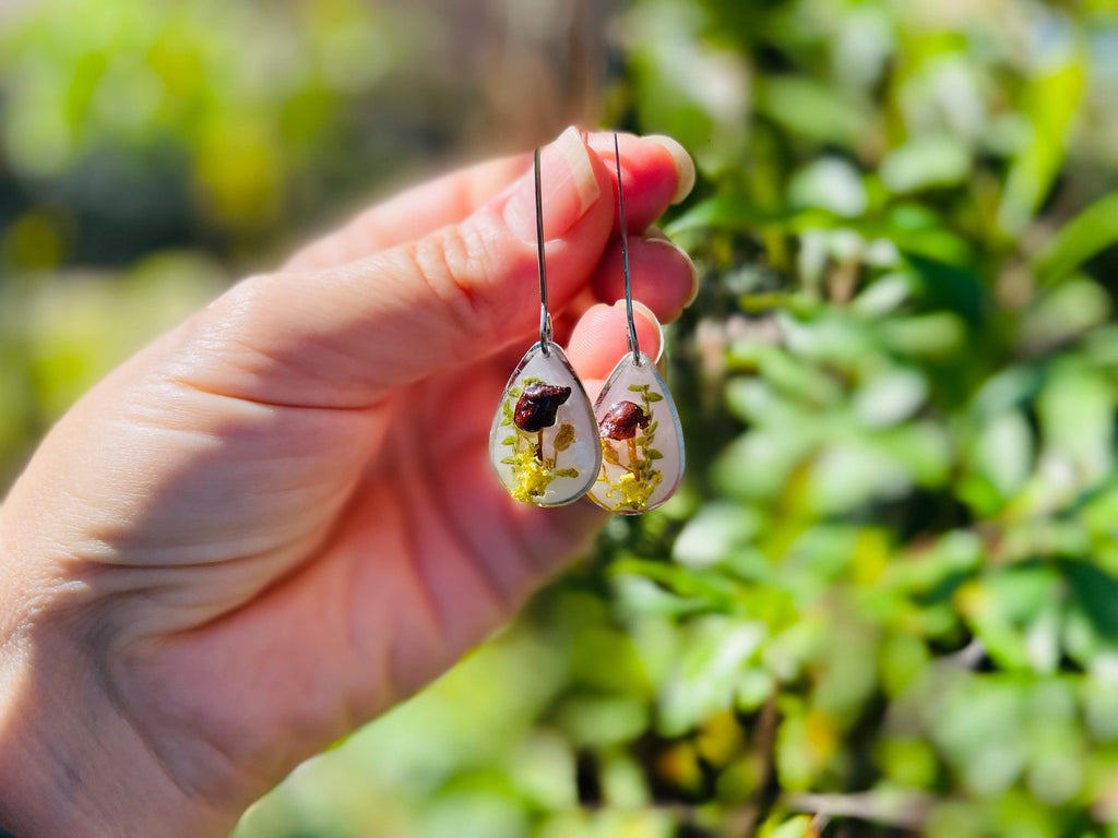 Real Mushroom Moss Dangle Earrings: Sterling Silver Threader, Woodland Fairy Jewelry