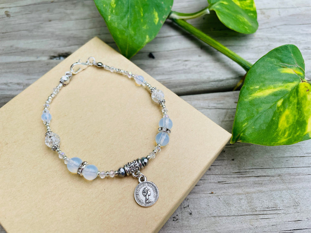 First communion gifts for girls, Opal bracelets for women, Angel bracelet, religious charm bracelet, dainty minimalist bracelet God daughter