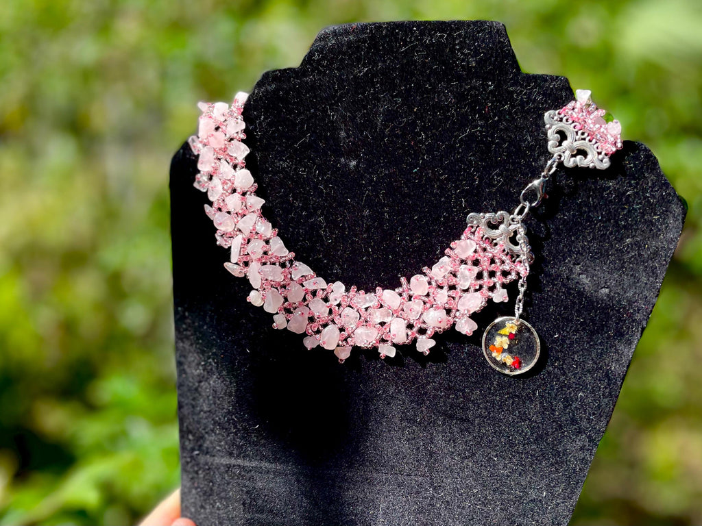 Pressed Flower Initial Charm Necklace: Rose Quartz Crystal Bridal Choker October Birthstone