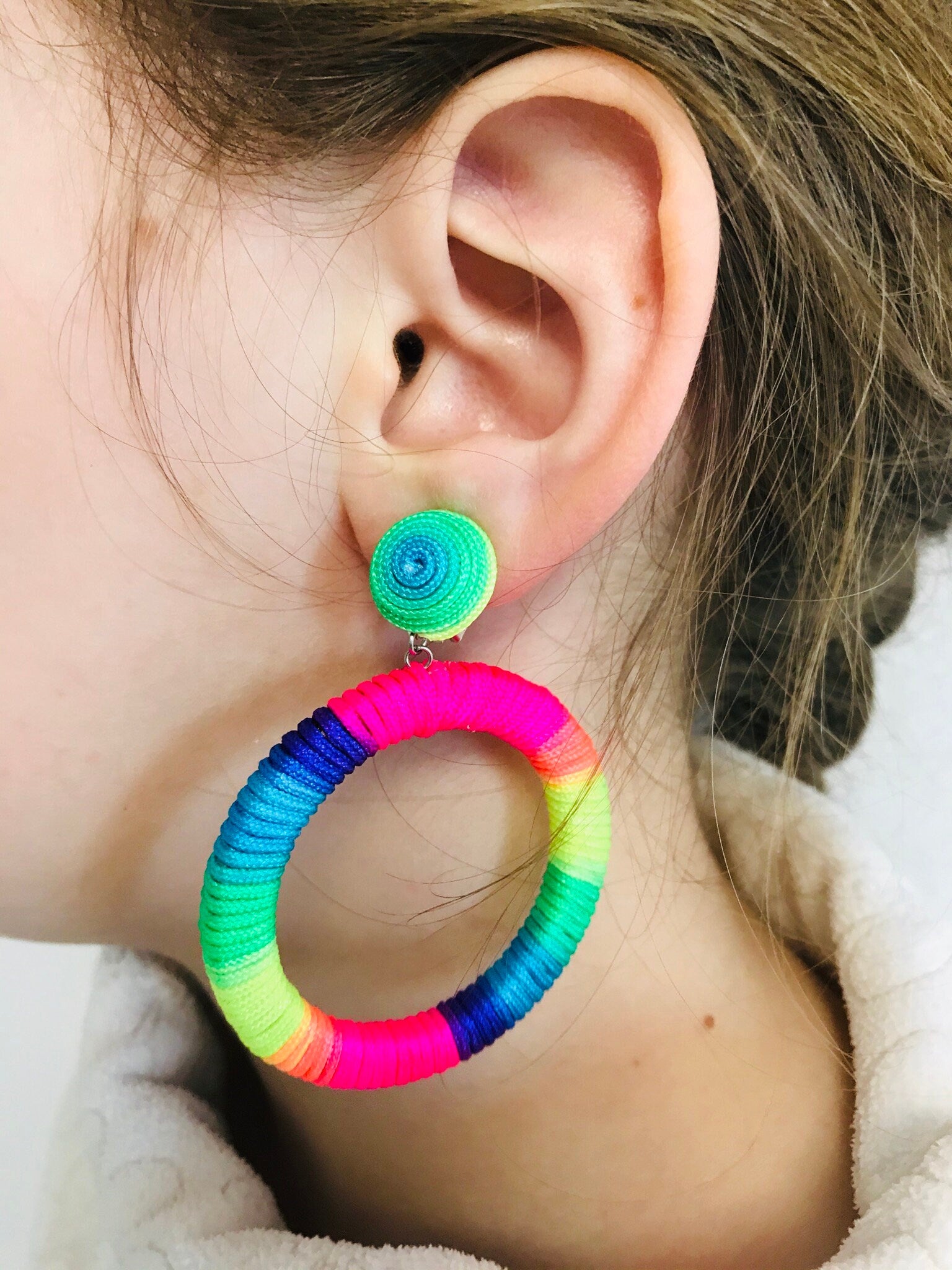 Rainbow colorful Oversize hoop earrings, big hoops clip on, statement laser cut wooden studs~trendy fashion jewelry, Christmas gifts for mom